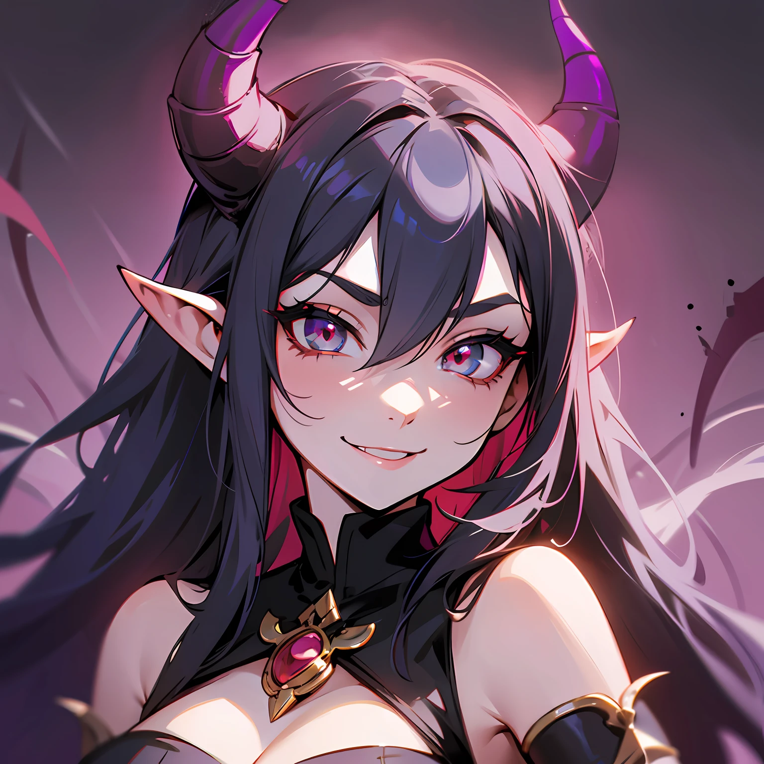 A closeup of a cartoon of a woman with horns on her head, tiefling, with horns, design of girl lush horns, tiefling of d d, demon mara, dnd portrait of a tiefling, cute horns, demon girl, female tiefling sorceress, demon giesha, anime image, demonic horns, oni horns, long hair, black hair, sadistic, smiling, eyes smiling --auto --s2