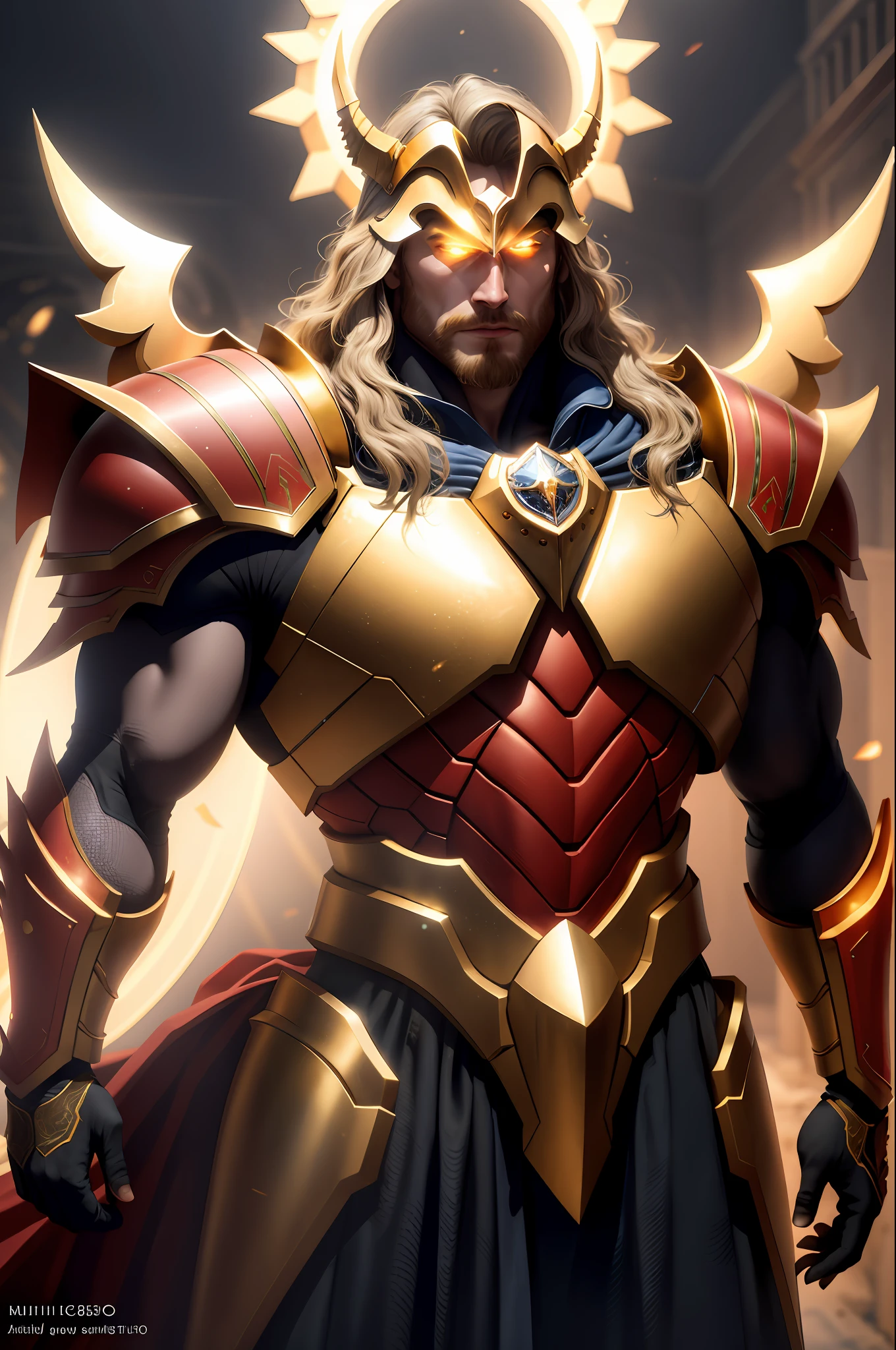 golden halo background,
extremely detailed, 8k, golden armor, wide shoulder pads with red cloth stripts, masculine, ((hecavill:0.9)), lich king, arthas menethil, opposite looking at camera, vaporing powder gold yellow dust,
unparalleled masterpiece, (best:1.0) (quality:1.0), UHD, volumetric lighting, cinematic lighting, rim light, lens flares, subsurface scattering, (sharp:1.0) (focus:1.0), Depth of Field, aperture of f/5. 6, ISO 200, shutter speed of 1/125 sec, var-cinematic-fx,
(style-rustmagic:0.4), (danahamm:0.6),