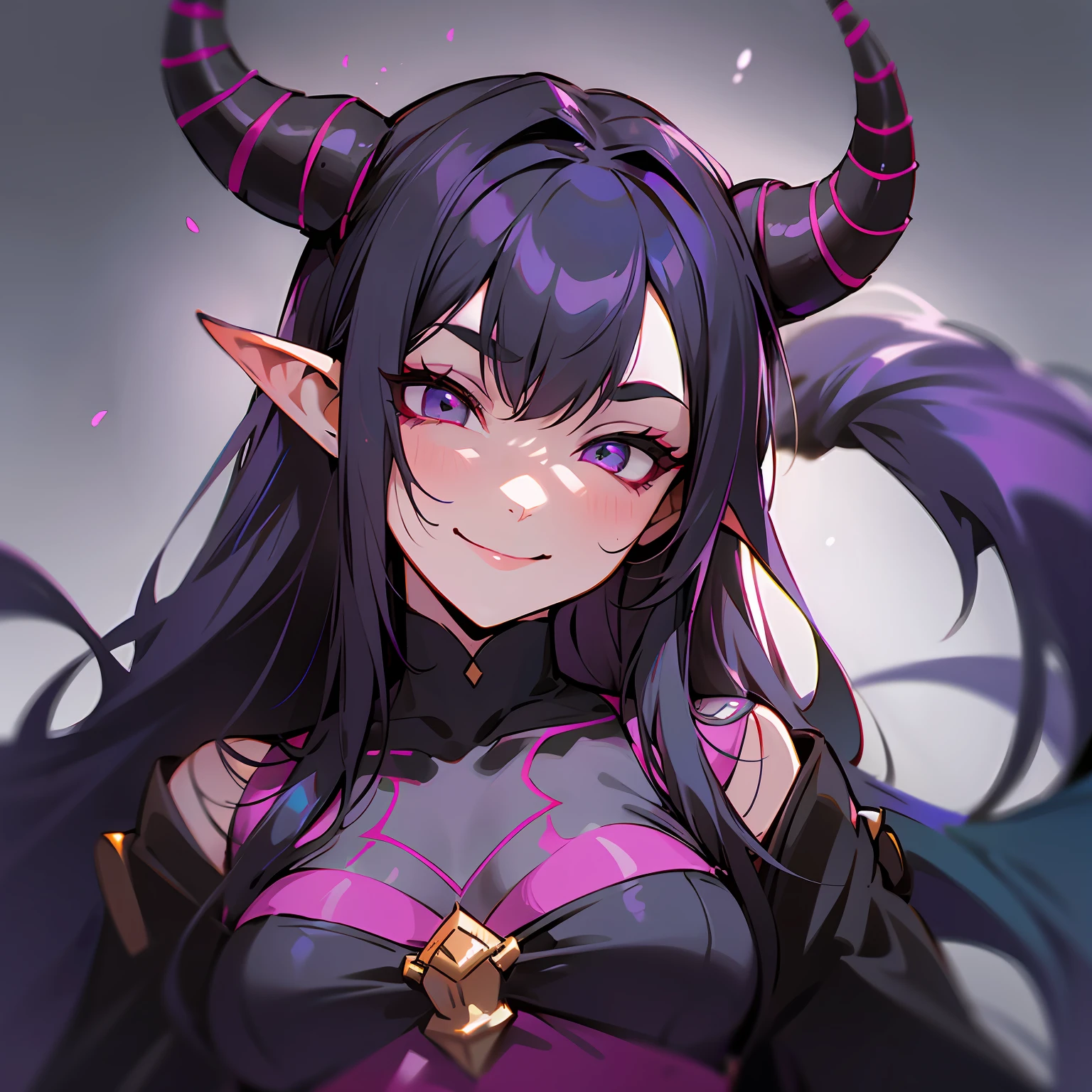 a closeup of a cartoon of a woman with horns on her head, tiefling, with horns, design of girl lush horns, tiefling of d d, mara demon, dnd portrait of a tiefling, cute horns, demon girl, female tiefling sorceress, giesha demon, anime image, demonic horns, oni horns, long hair, black hair, sadistic, smiling, eyes smiling, Outside language --auto --s2