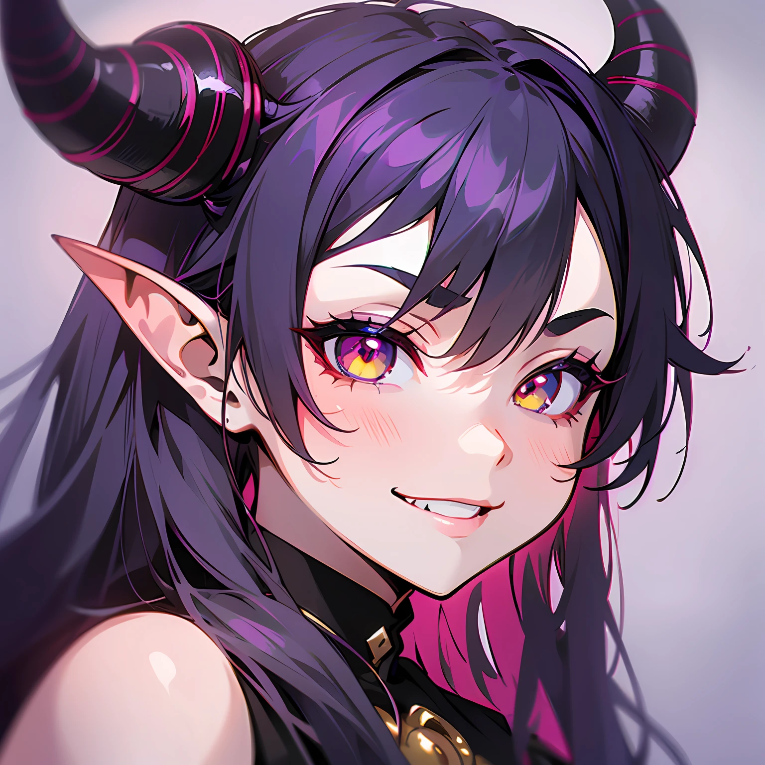 a closeup of a cartoon of a woman with horns on her head, tiefling, with horns, design of girl lush horns, tiefling of d d, mara demon, dnd portrait of a tiefling, cute horns, demon girl, female tiefling sorceress, giesha demon, anime image, demonic horns, oni horns, long hair, black hair, sadistic, smiling, eyes smiling,  Outside language --auto --s2