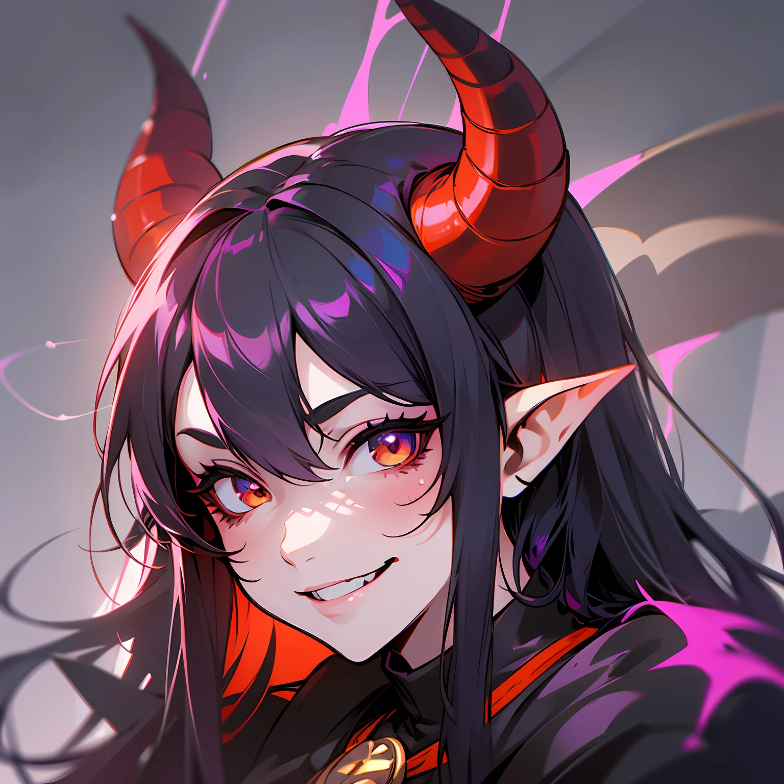 a closeup of a cartoon of a woman with horns on her head, tiefling, with horns, design of girl lush horns, tiefling of d d, mara demon, dnd portrait of a tiefling, cute horns, demon girl, female tiefling sorceress, giesha demon, anime image, demonic horns, oni horns, long hair, black hair, sadistic, smiling, eyes smiling,  Outside language --auto --s2