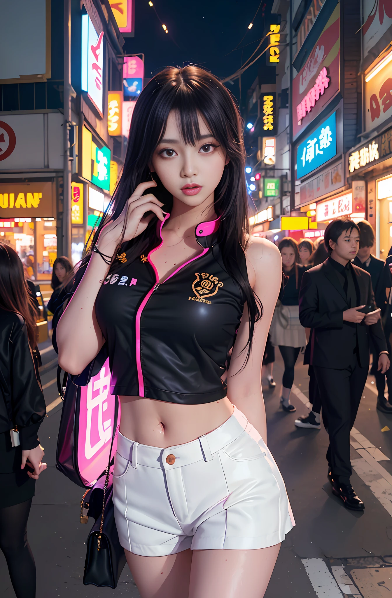 A beautiful woman in gyaru makeup wearing school uniform on the bustling streets of Gintama, surrounded by vendors, beautiful portrait of a stunning goddess girl, beautiful detailed face, porcelain skin, half body shot, centered,(black hair,navel:1.1),((moonlight,night,big neons, neon lighting,rim lighting,two tone lighting))),