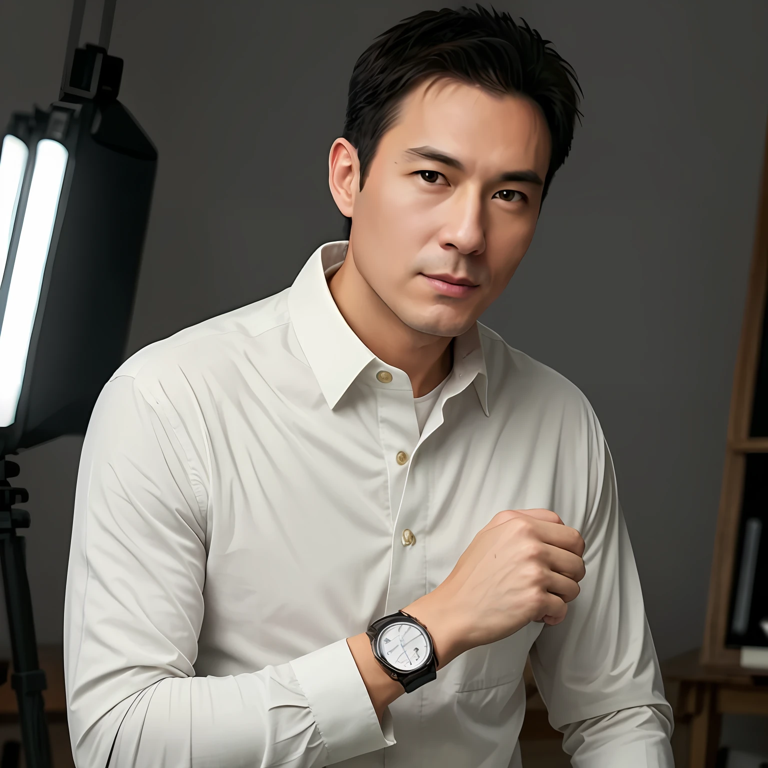 1 man, a man of 30 years defined body, wearing white long-sleeved shirt and tie, with a watch, upper body, camera studio with 3 flashes, soft lighting, masterpiece, best quality, 8k uhd, dslr, film grain, photorealistic painting Fujifilm XT3 art by midjourney and greg rutkowski
