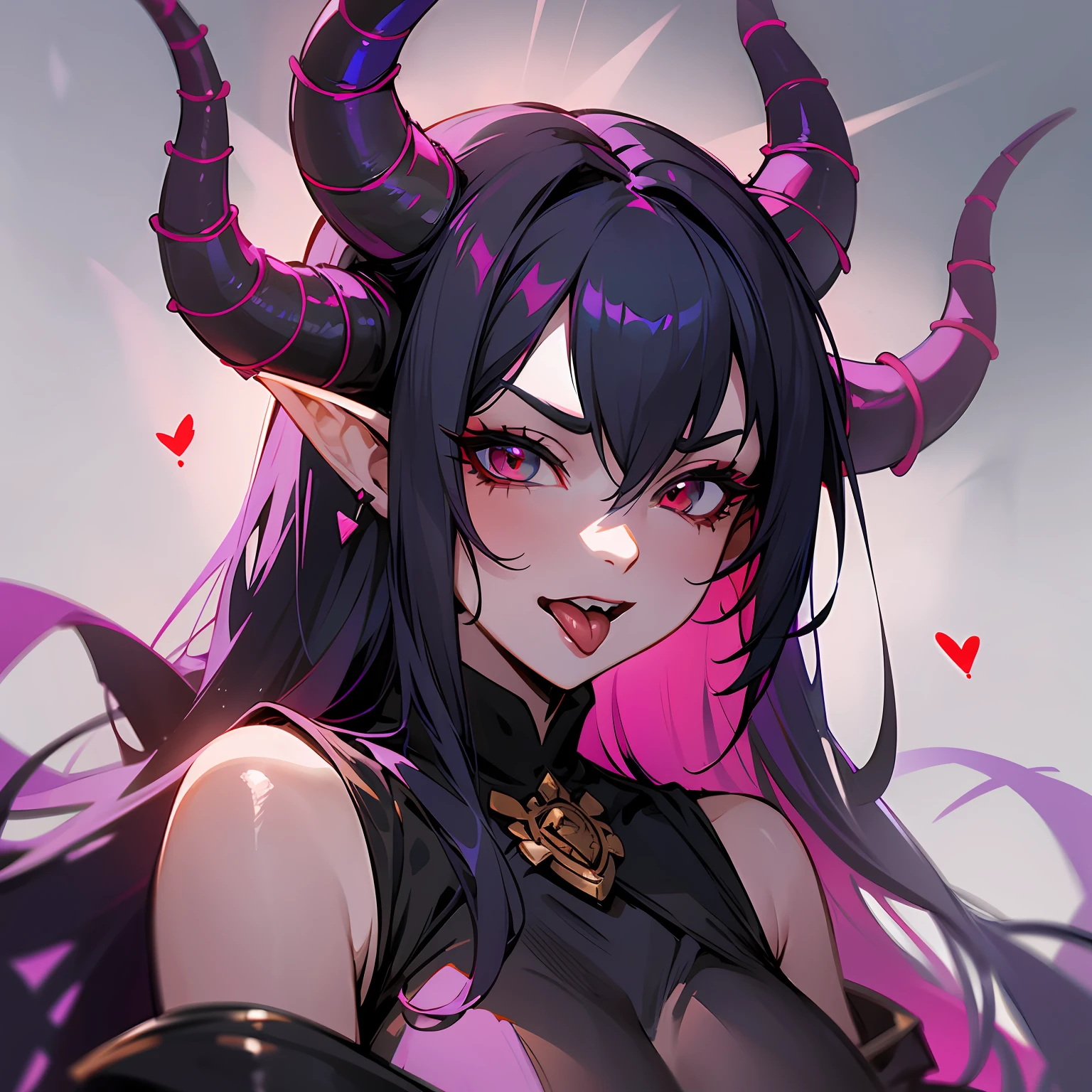 A closeup of a cartoon of a woman with horns on her head, tiefling, with horns, design of girl exuberant horns, tiefling of d d d, demon mara, dnd portrait of a tiefling, cute horns, demon girl, female tiefling sorceress, demon giesha, anime image, demonic horns, oni horns, long hair, black hair, sadistic, tongue out --auto --s2