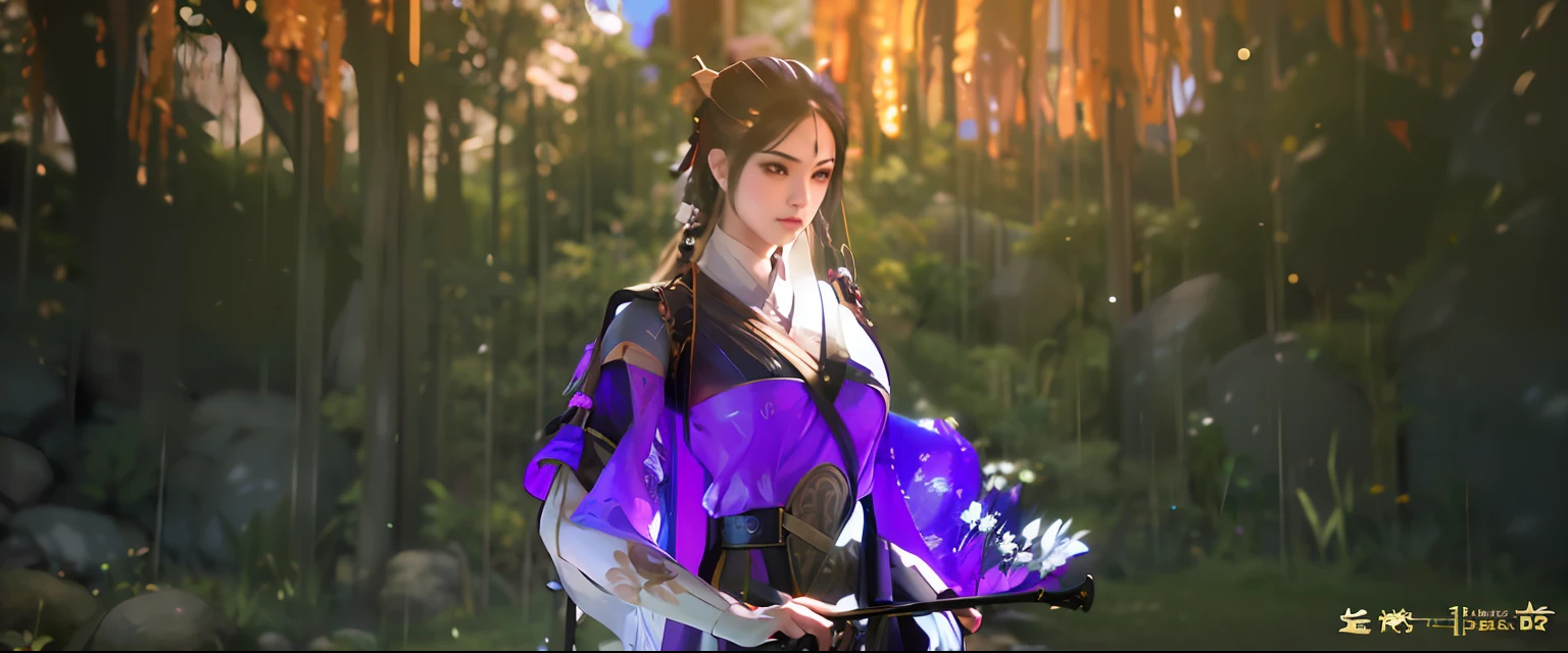 there's a woman with a purple fan in a field, inspired by Jin Nong, ornate Korean polearm behind her, inspired by Li Mei-shu, inspired by Ren Xiong, inspired by Hong Ren, wearing kimono armor, Korean mmorpg, black fire-colored reflected armor, female character, lineage 2 revolution style, from realism to image