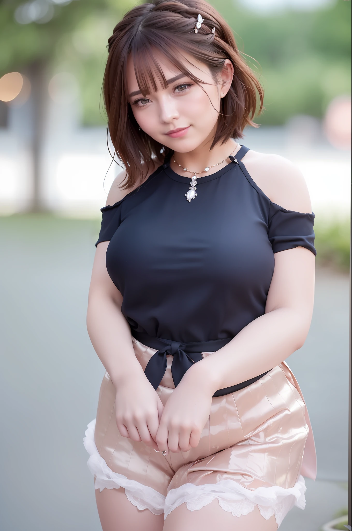 (RAW Photo: 1.2), (Photorealistic: 1.4), (Masterpiece: 1.3), (Best Quality: 1.4), Ultra High Resolution, Dreamy, Landscape, Solo Focus, (Full Body), (Detailed Eyes), (Detailed Facial Features), (Detailed Clothing Features), Tight Skin, (Shiny Skin), (One Girl, Solo), VirtualGirl-Rin, Happy, Smile, Bangs, Bob Hair, Short Hair, Brown Hair, Brown Eyes, Black Choker, Crystal Crown Hair Band, Crystal Necklace, Bridesmaid, White Bouquet, White Bridesmaid Dress, White Bridesmaid Gloves, White Bridesmaid Skirt, White Bridesmaid Stockings, White Ballet Shoes, (skin spots: 1.2), (Skin Dentation ), Black Eye, 1 Female, 25 years old, ((((Female))), Solo, Real, Best Quality, Photorealistic, Masterpiece, 8K, High Resolution, Solo, Very Detailed Face, (Professional Lighting, Bokeh), (Light Particle, Lens Flare, Luminous Particle: 0.6), (Dynamic Pause: 1.2), Soft Lighting, Top Angle View, Fashionable and Trendy Atmosphere, Japan, Street, Urban, Tokyo , Harbor, ((Daytime)), Sky, ((Viewers: 1)), (Look at the Camera), (Portrait: 0.6), Cowboy Shot, Gorgeous, Standing, Wide Shoulders, Full Body, (Big Breasts), (Short Hair), Brown Hair, Floating Hair, Braided Hair, Lips, Lipstick, Seductive Smile, Floating Hair, Smile, open_mouth, Teeth, Eyelashes, Mole, (Mole Under Eyes: 1), Plump Body, plump breasts, bursting breasts, big breasts, legs spread