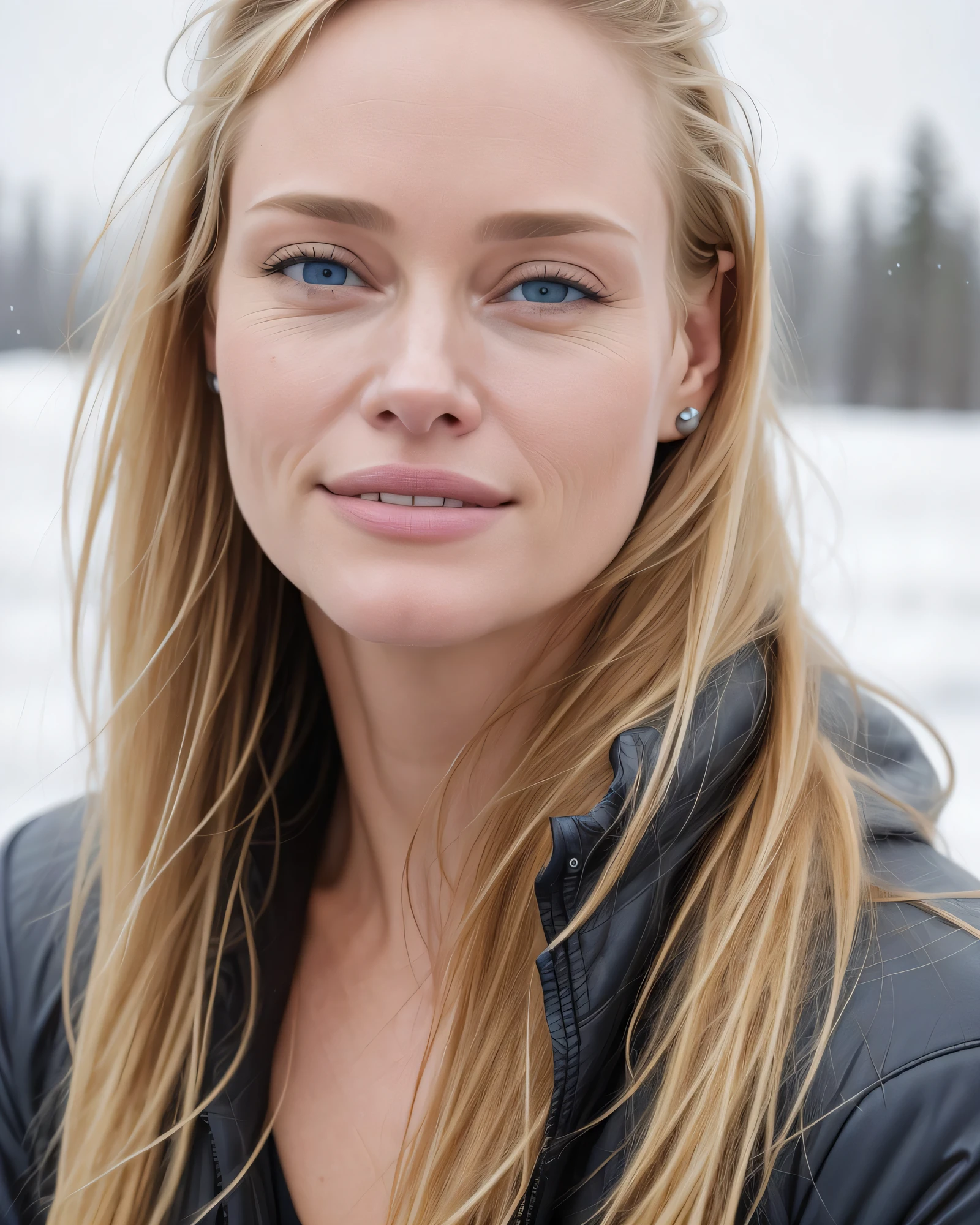 masterpiece, best quality, ultra realistic, hyper detailed, 8k, 4k, photorealistic, young woman, winter landscape, detailed skin, detailed face, detailed eyes, sexy pose, wearing winter jacket, blonde hair, (f4ystr4ng3r:1.2), smiling, shot on analog film, high fov, natural cinematic lighting, clean face, blue eyes, round pupils
