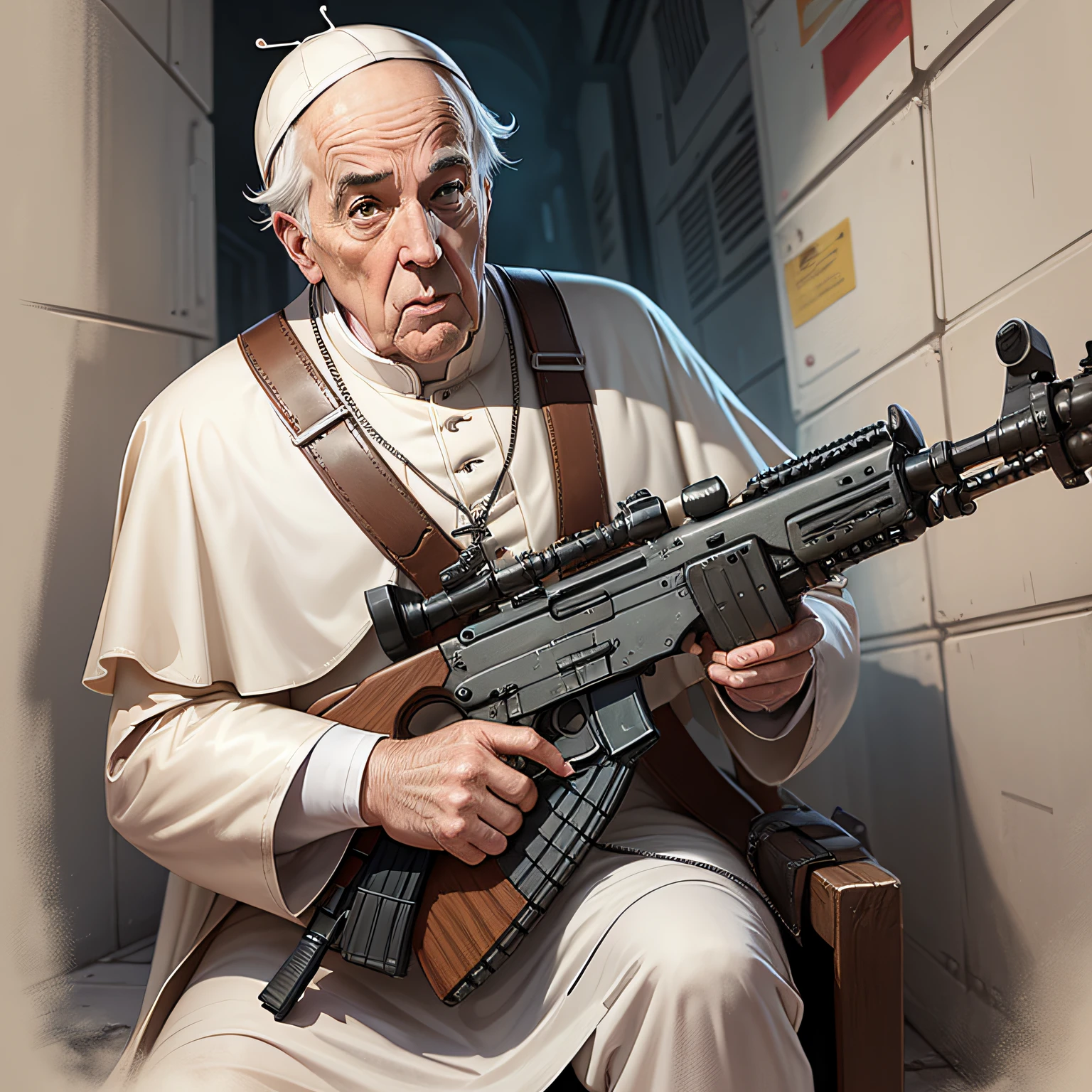 Pope wearing an ak47 in a cartoon cartoon --auto --s2