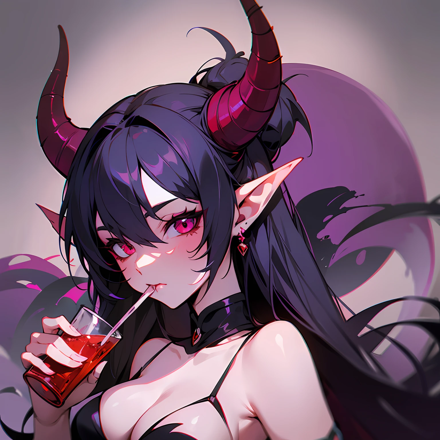 A closeup of a cartoon of a woman with horns on her head, tiefling, with horns, design of girl exuberant horns, tiefling of d d d, mara demon, dnd portrait of a tiefling, cute horns, demon girl, female tiefling sorceress, giesha demon, anime image, demonic horns, oni horns, long hair, black hair, sadistic, drinking blood --auto --s2