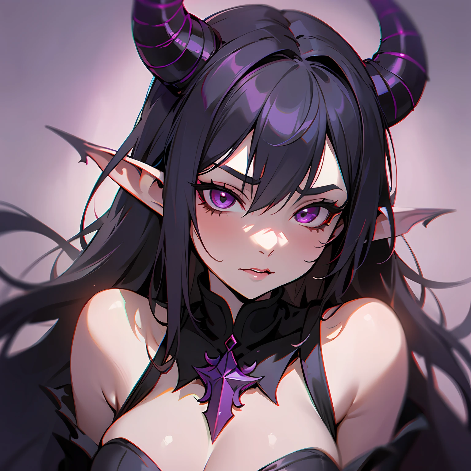 A closeup of a cartoon of a woman with horns on her head, tiefling, with horns, girl design lush horns, tiefling of d d d, mara demon, dnd portrait of a tiefling, cute horns, demon girl, female tiefling sorceress, giesha demon, anime image, demonic horns, oni horns, long hair, black hair, sadistic, with vampire wings --auto --s2