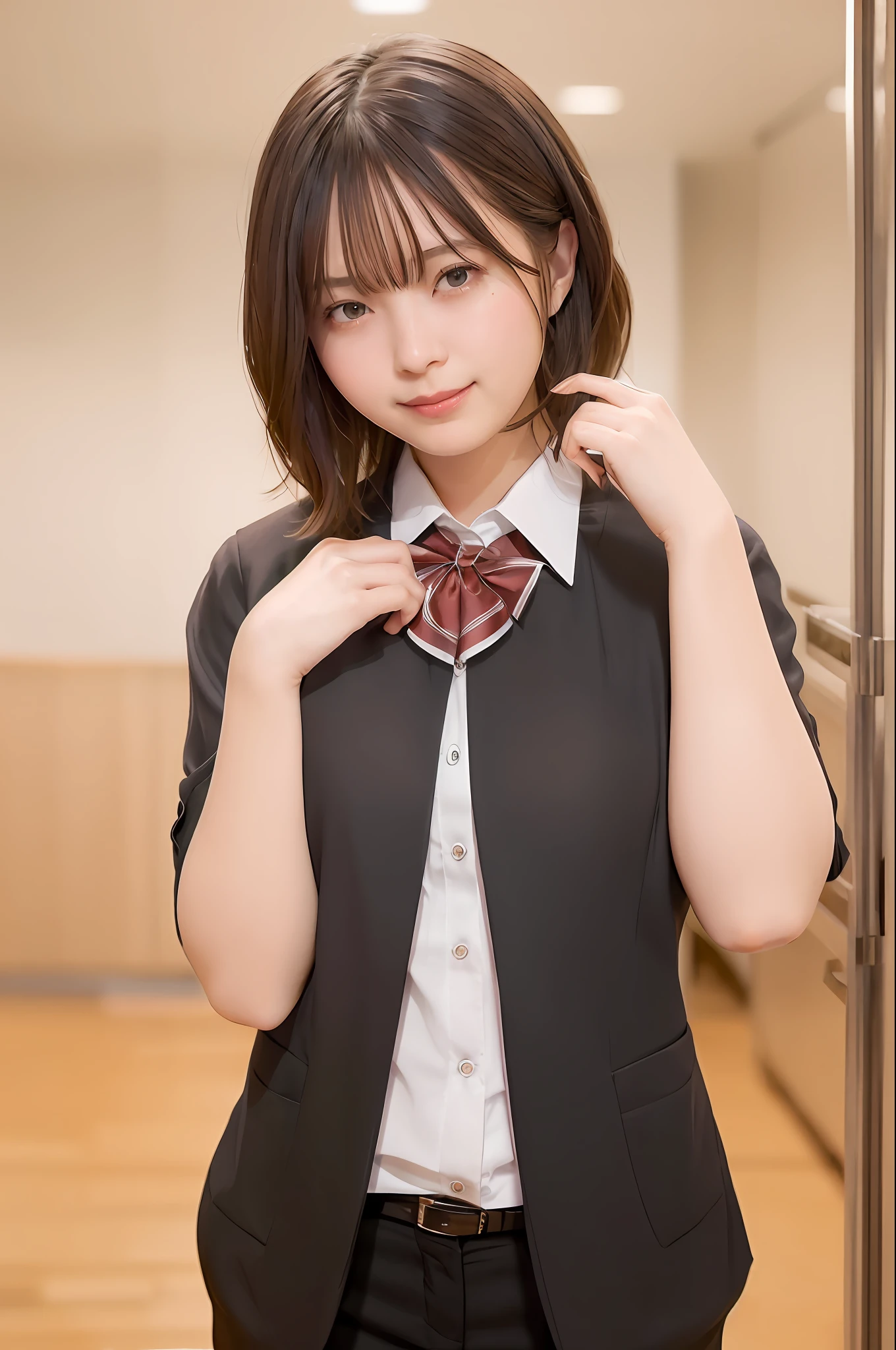 (RAW photos, highest quality), (Realistic, Photorealistic: 1.3), masterpiece, very delicate and beautiful, very elaborate, CG, Unity, 2K wallpapers, wonderful, fine, bright smile, very elaborate CG Unity 8K wallpapers, huge file size, ultra high definition, high resolution, absurdity, soft light, ((Short hair: 1.3), short bang, Silver hair, floating hair novafrog style), beautiful girl in detail, fine fingers, very fine eyes and face, beautiful nose in detail, beautiful eyes in detail, long eyelashes, shining light on face, looking at the viewer, (with mouth closed: 1.2) 1 girl, cute, young, mature face, (full body: 1.3) realistic face, realistic body, slender beautiful thighs, ( ulzzang-6500-v1. 1:0.8) Business suit, cross lace clothes, collared shirts, open clothes, office, open cardigan, black thighs, leave the original proportions