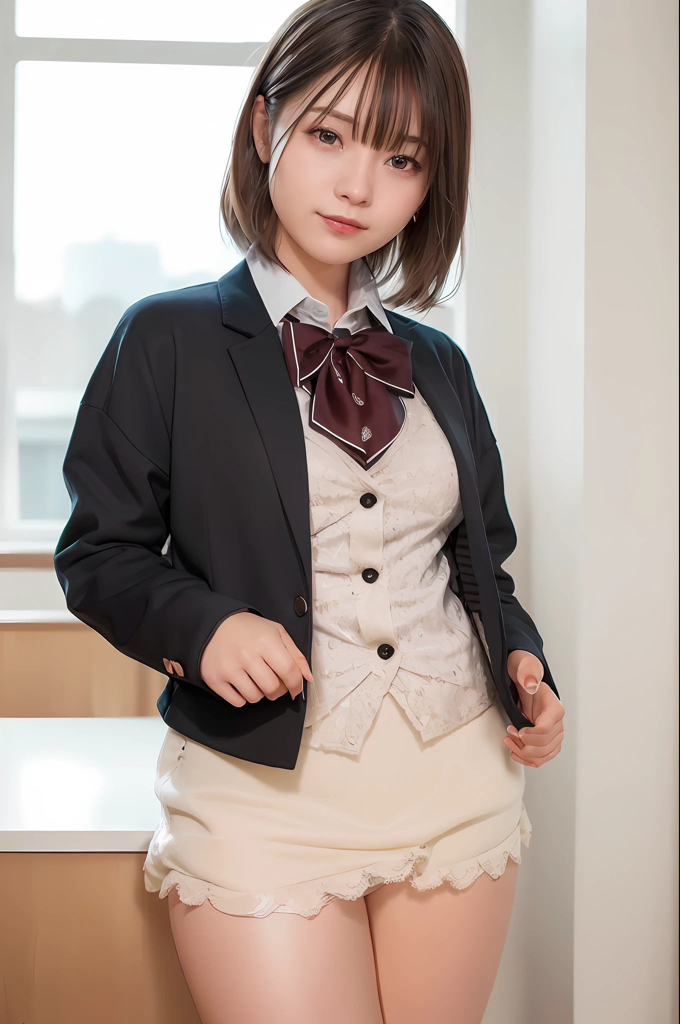 (RAW photos, highest quality), (Realistic, Photorealistic: 1.3), masterpiece, very delicate and beautiful, very elaborate, CG, Unity, 2K wallpapers, wonderful, fine, bright smile, very elaborate CG Unity 8K wallpapers, huge file size, ultra high definition, high resolution, absurdity, soft light, ((Short hair: 1.3), short bang, Silver hair, floating hair novafrog style), beautiful girl in detail, fine fingers, very fine eyes and face, beautiful nose in detail, beautiful eyes in detail, long eyelashes, shining light on face, looking at the viewer, (with mouth closed: 1.2) 1 girl, cute, young, mature face, (full body: 1.3) realistic face, realistic body, slender beautiful thighs, ( ulzzang-6500-v1. 1:0.8) Business suit, cross lace clothes, collared shirts, open clothes, office, open cardigan, black thighs, leave the original proportions
