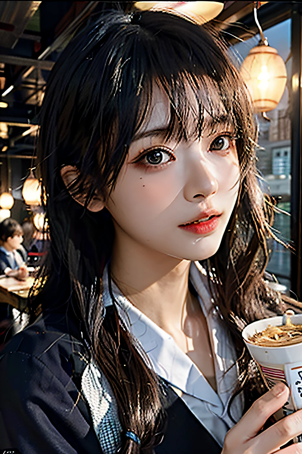 (masterpiece), best quality, ultra high res, close up, slim body, 1girl,school uniform, long hair, laughing, ramen, night, Tokyo restaurant background, colorful lights, photon mapping, radiosity, physically-based rendering, cinematic lighting, intricate, High Detail, Sharp focus, dramatic, photorealistic