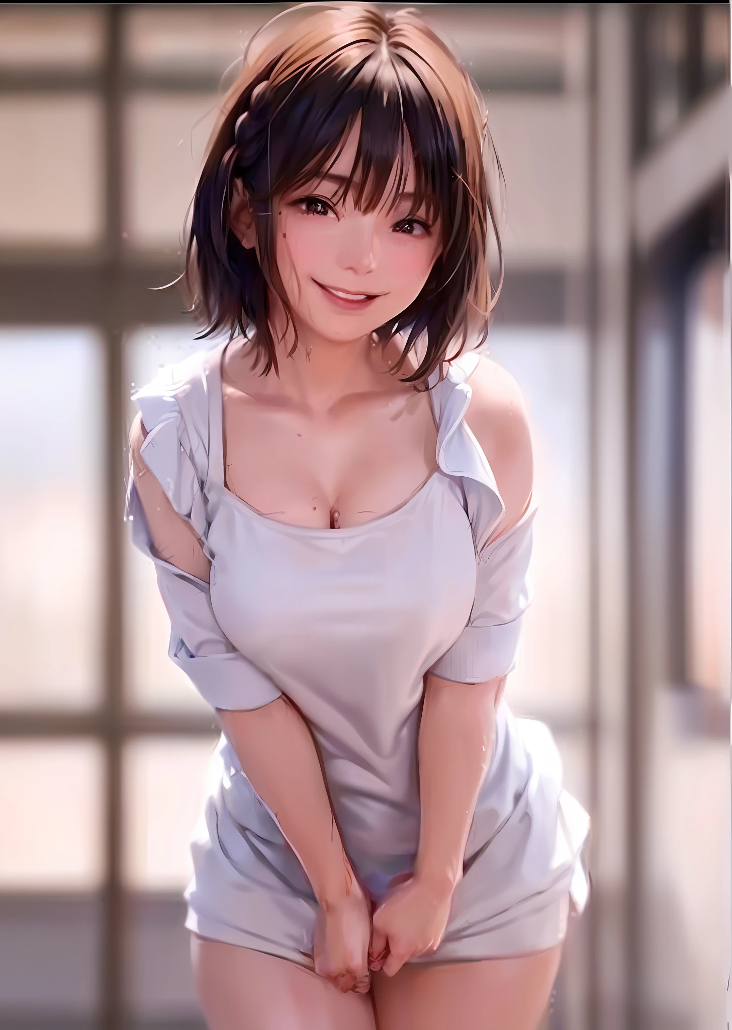 1 girl in the school gymnasium, 2, detailed costumes, light and sheer gym clothes, (Nice illustrations: 1.4), (Masterpiece: 1.0), (Best Quality: 1.4), (Ultra High Resolution: 1.2), (Photorealistic: 1.4), (8k, RAW Photos: 1.2), (Soft Focus: 1.4), (18 Y: 1.3), (Sharp Focus: 1.4), (Artistic Awakening: 1.4), Beautiful facial details, (((wet body)), half squat, (skin spots: 1.2), (skin stains: 1.2), (skin dentation), black eyes, 1 woman, 25 years old, ((((female)))), solo, real, best quality, photorealism, masterpiece, 8K, high resolution, solo, highly detailed face, (professional lighting, bokeh), (light particles, lens flare, glowing particles: 0.6), (dynamic pose :1.2), Soft lighting, Top angle view, Fashionable and trendy atmosphere, Japan, Street, City, Tokyo, Minato, (Daytime)), Sky, ((Viewers: 1)), (Viewing Camera), (Portrait: 0.6), Cowboy Shot, Gorgeous, Standing, Wide Shoulders, Full Body, (Big Breasts), (Short Hair), Brown Hair, Floating Hair, Braided Hair, Lips, Lipstick, seductive smile, floating hair, smile, open_mouth, teeth, eyelashes, moles, (moles under eyes: 1), plump body, plump breasts, bursting breasts, big breasts