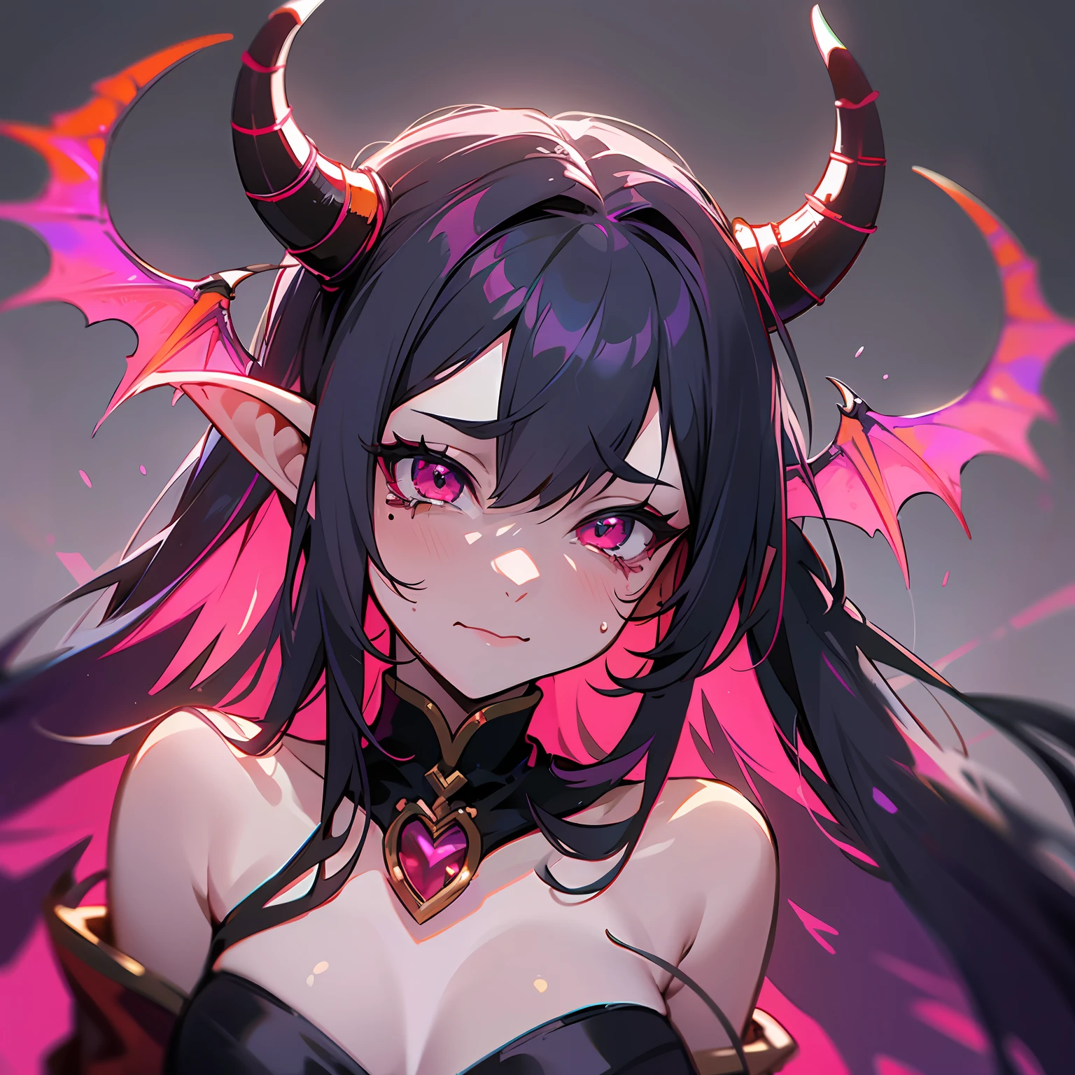 a closeup of a cartoon of a woman with horns on her head, tiefling, with horns, design of girl lush horns, tiefling of d d d, mara demon, dnd portrait of a tiefling, cute horns, demon girl, female tiefling sorceress, giesha demon, anime image, demonic horns, oni horns, long hair, black hair, sadistic, with vampire wings, Crying --auto --s2