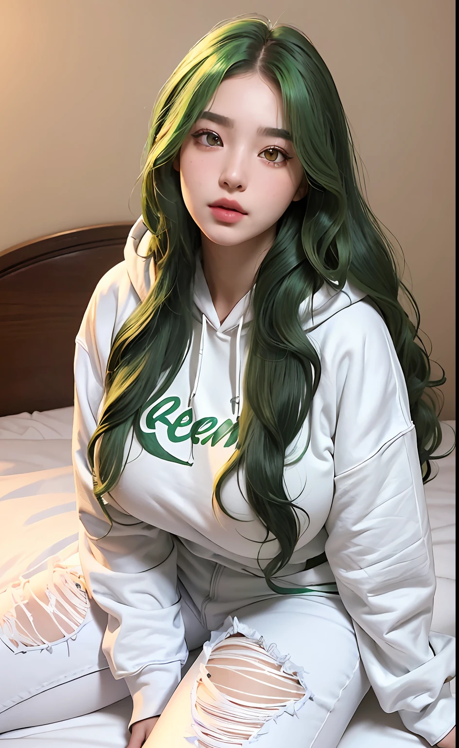 (Masterpiece, realistic, high resolution), (1 girl): 1.2), Korean, ((green wavy hair): 1.3), (heterochromia: 1.1, thick eyebrows,), (white hoodie, jeans), ((extra large huge breasts): 1.2, small waist, thighs), sitting on the bed