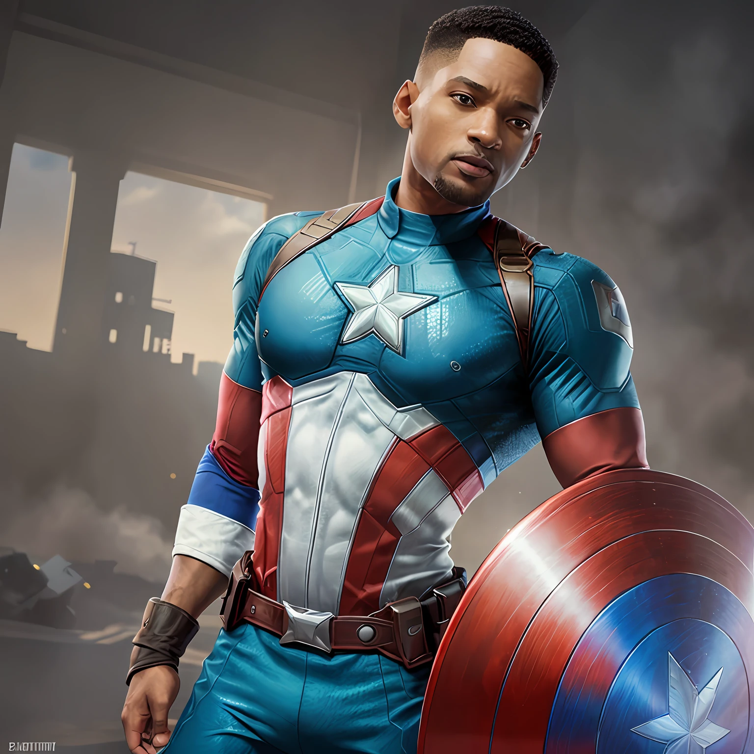 In the image, we see Will Smith as Captain America in an alternate version of the character. He's in the traditional Captain America uniform, but with some modifications to suit Will Smith's unique style. Instead of a mask, he wears a helmet that covers the lower half of his face, leaving his expressive and charismatic eyes on display.

The uniform is a bright blue with red and white accents that glow in the sunlight. The white star on the chest is more striking and bright than usual, and its eagle wings stand out at the top of the shoulders. The boots are even more stylized and the gloves are made of a sturdy gray material.

Will's posture as Captain America is very confident and courageous, as if he is ready to face any challenge that comes his way. His confident smile and laid-back attitude are distinguishing features of Will Smith, which are evident even in the portrayal of Captain America. In his right hand, he holds his shield, which has the same colors as the uniform and is as bright as his boots.

Overall, this alternate version of Captain America played by Will Smith is an exciting combination of the iconic character and Will Smith's unique style and personality