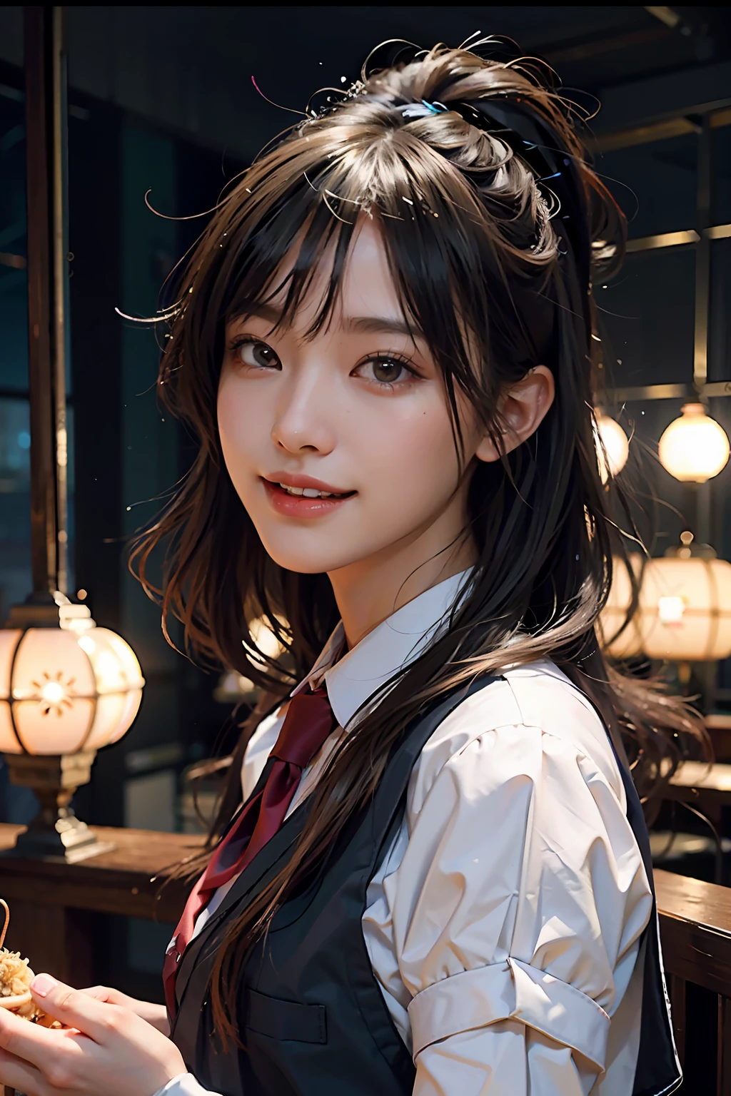 (masterpiece), best quality, ultra high res, close up, slim body, 1girl,school uniform, long hair, laughing, ramen, night, Tokyo restaurant background, colorful lights, photon mapping, radiosity, physically-based rendering, cinematic lighting, intricate, High Detail, Sharp focus, dramatic, photorealistic