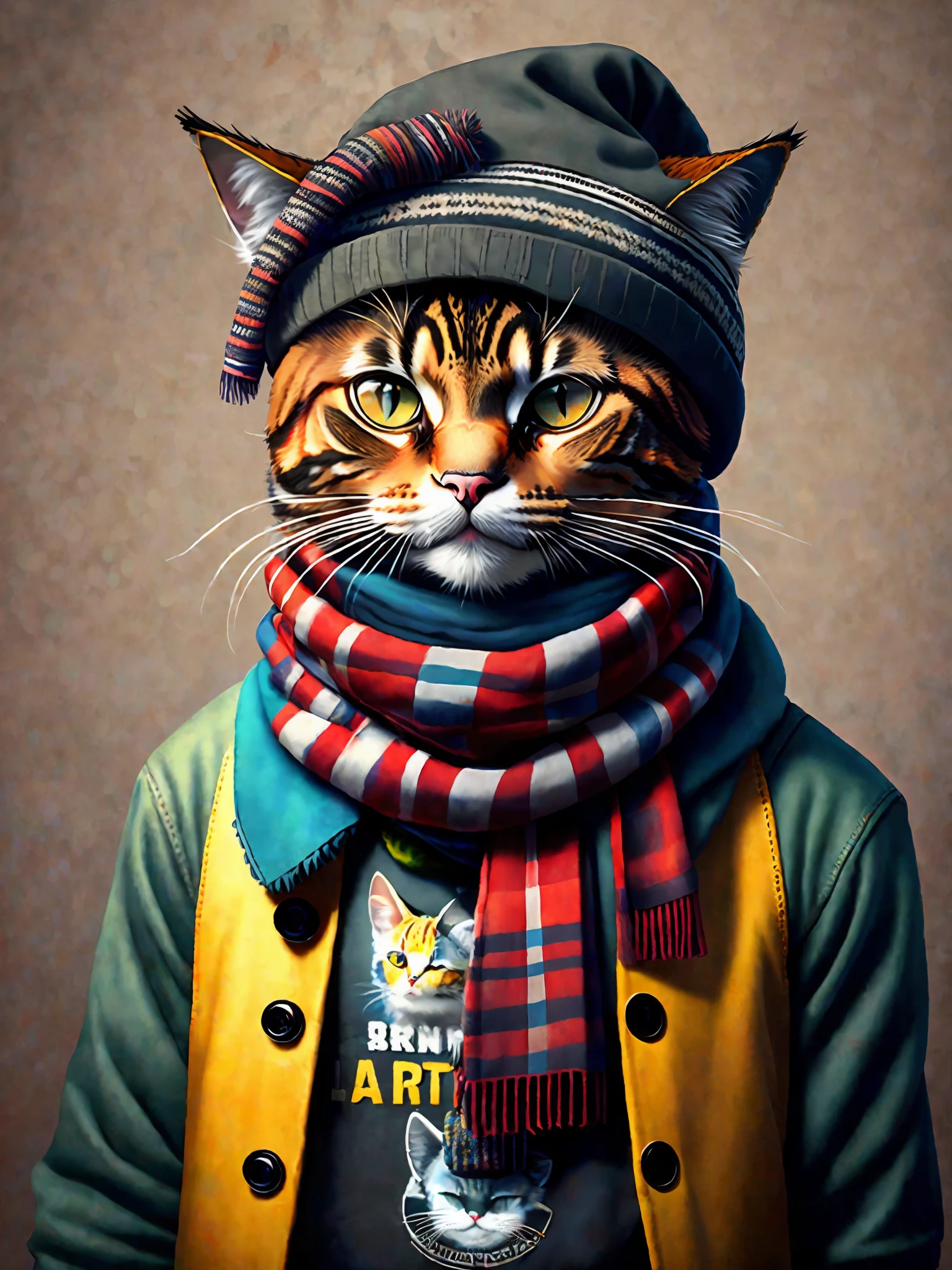 A painting of a cat in a hat and scarf, art station trend, wearing punk clothing, ultra realistic detailed render, british gang member, urban style, intimidating pose, planet of cats, trendy clothes, urban samurai , meow, Western Slavic features, 8 1 5