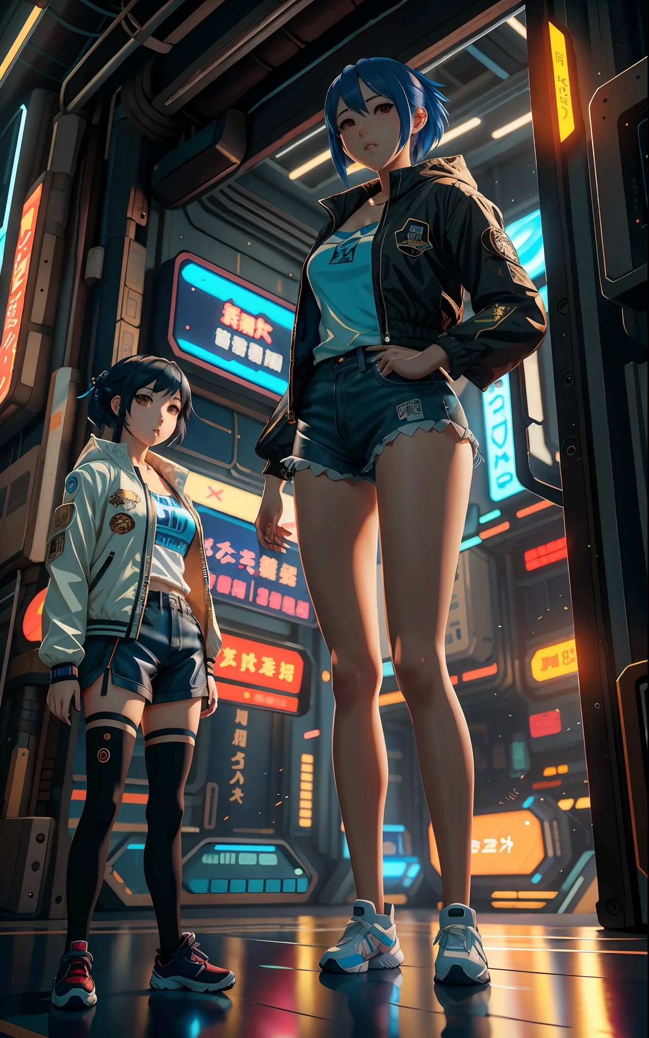 anime girl in short shorts and jacket standing next to giant robot, artwork in the style of guweiz, cyberpunk anime girl mech, trending on cgstation, guweiz, by Russell Dongjun Lu, digital cyberpunk anime art, ross tran 8 k, guweiz on artstation pixiv, girl in mecha cyber armor