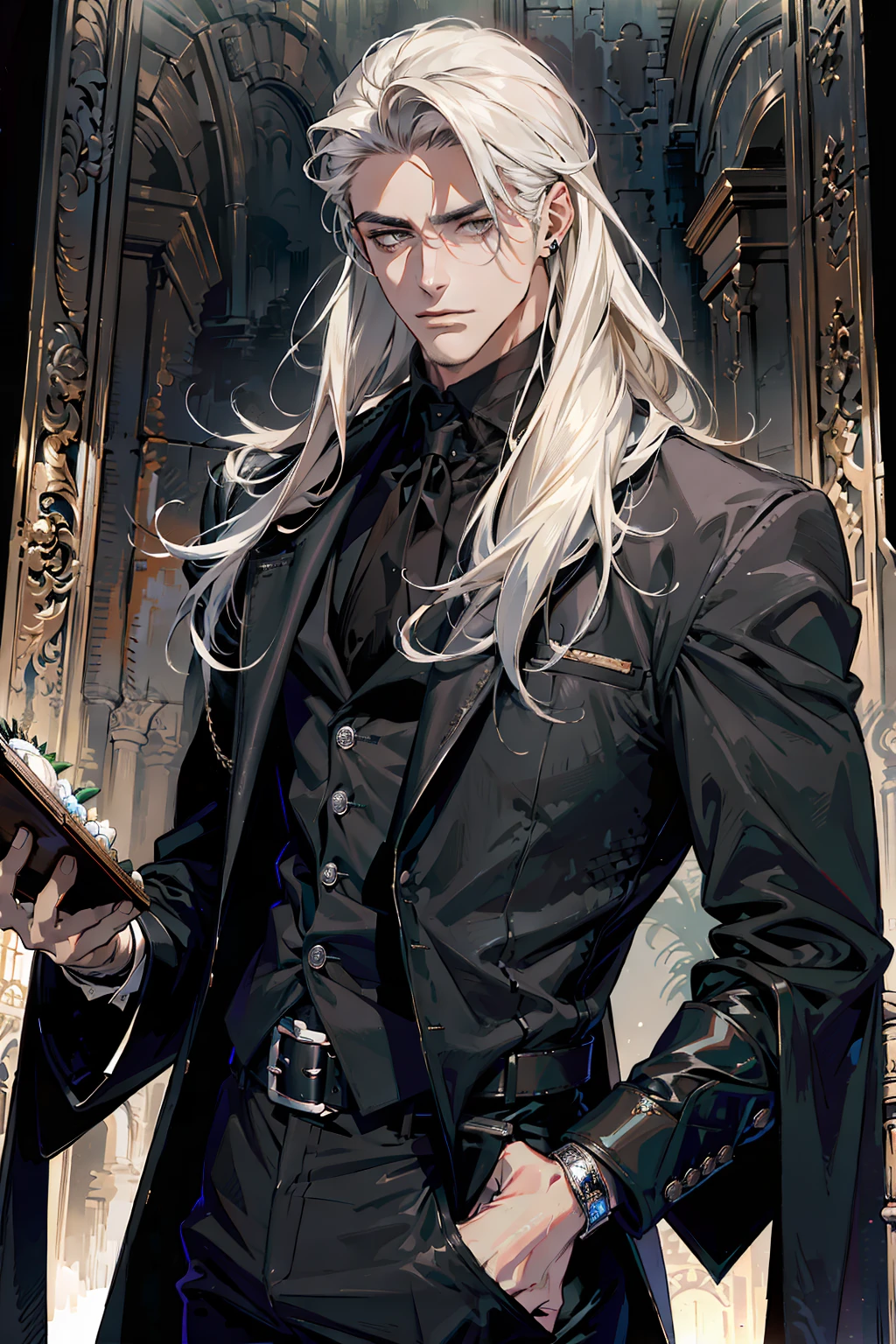 (masterpiece, best quality:1.2), (absurd res, high res, ultra detailed), 1 male, adult, handsome, tall muscular guy, broad shoulders, white long hair, finely detailed eyes, portrait, looking at viewer, solo, half shot, detailed background, detailed face, (gothic), smirk, vampire, dark leather, high fantasy, stealth, undercover, (crates in background), shadows, fog, (dutch angle), closed mouth, black pants