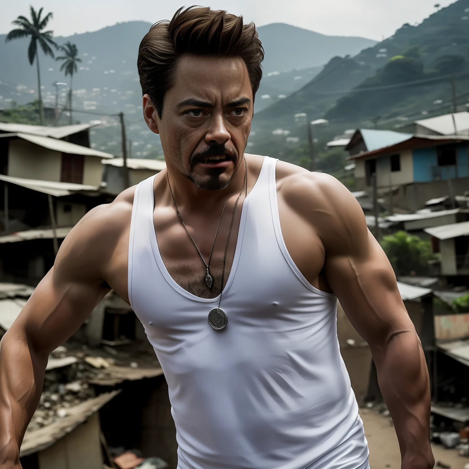 Tony Stark in the Brazilian favela, wearing a dirty, tired-looking white tank top and smoking a cigarette, next to his armor only made of tin, in a realistic photo