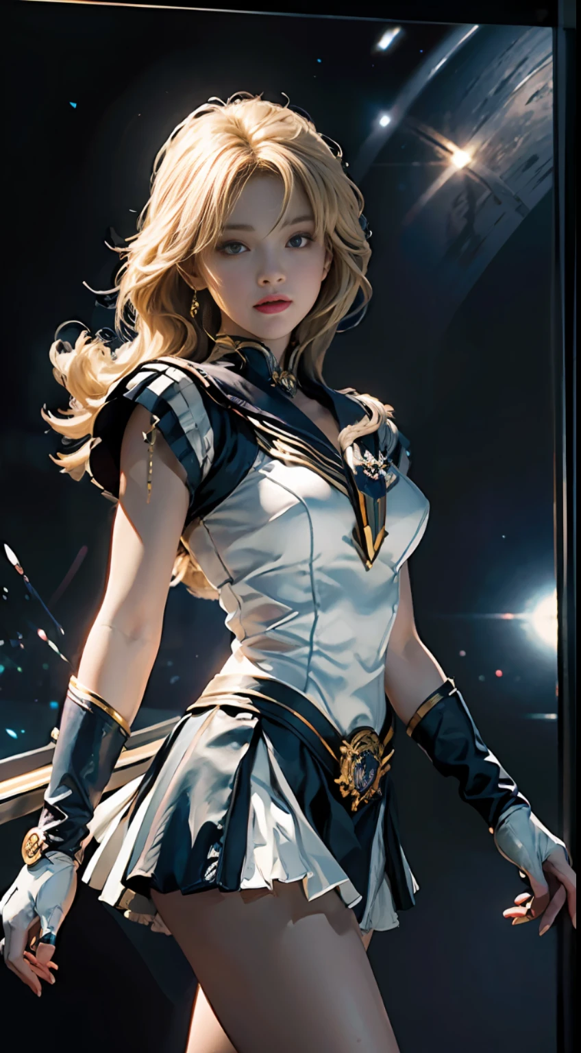 (CG Unity 8K wallpaper with extreme detail, masterpiece, highest quality), (exquisite lighting and shadow, highly dramatic picture, cinematic lens effect), (Sailor Moon: 1.1), double tails, blue eyes, blonde hair, tight top, white gloves, mini skirt, dynamic pose), space station in the background (excellent detail, excellent lighting, wide angle), (excellent rendering, enough to stand out in its class),
