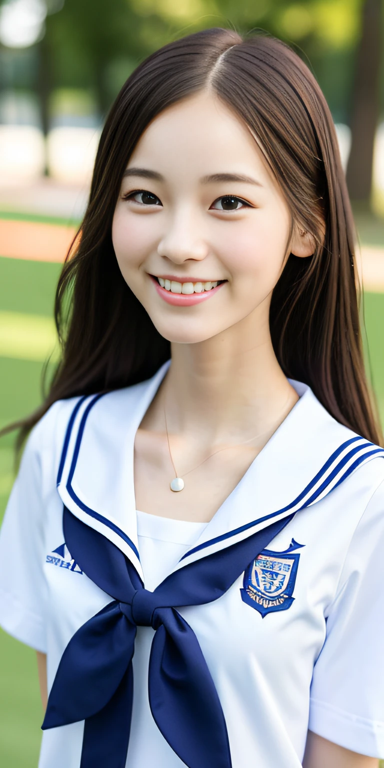 neat college girl, petite, sailor suit, school uniform, outside the athletic field, (slim, small, flat, small), photorealistic, detail, skin texture, ultra detail, delicate and sexy collarbone, smile, super detailed face, detailed lips, detailed eyes, double eyelids