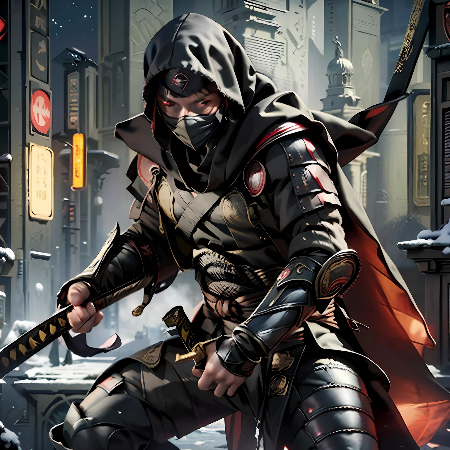 The highest quality, perfect masterpiece, perfect art, 8K, 1male, super hero, black cape, black hood, night, katana on the back, serious, cold, small mask with red eyes, pistols at the waist, on top of a building, vigilant, trained physique, ninja style --auto --s2