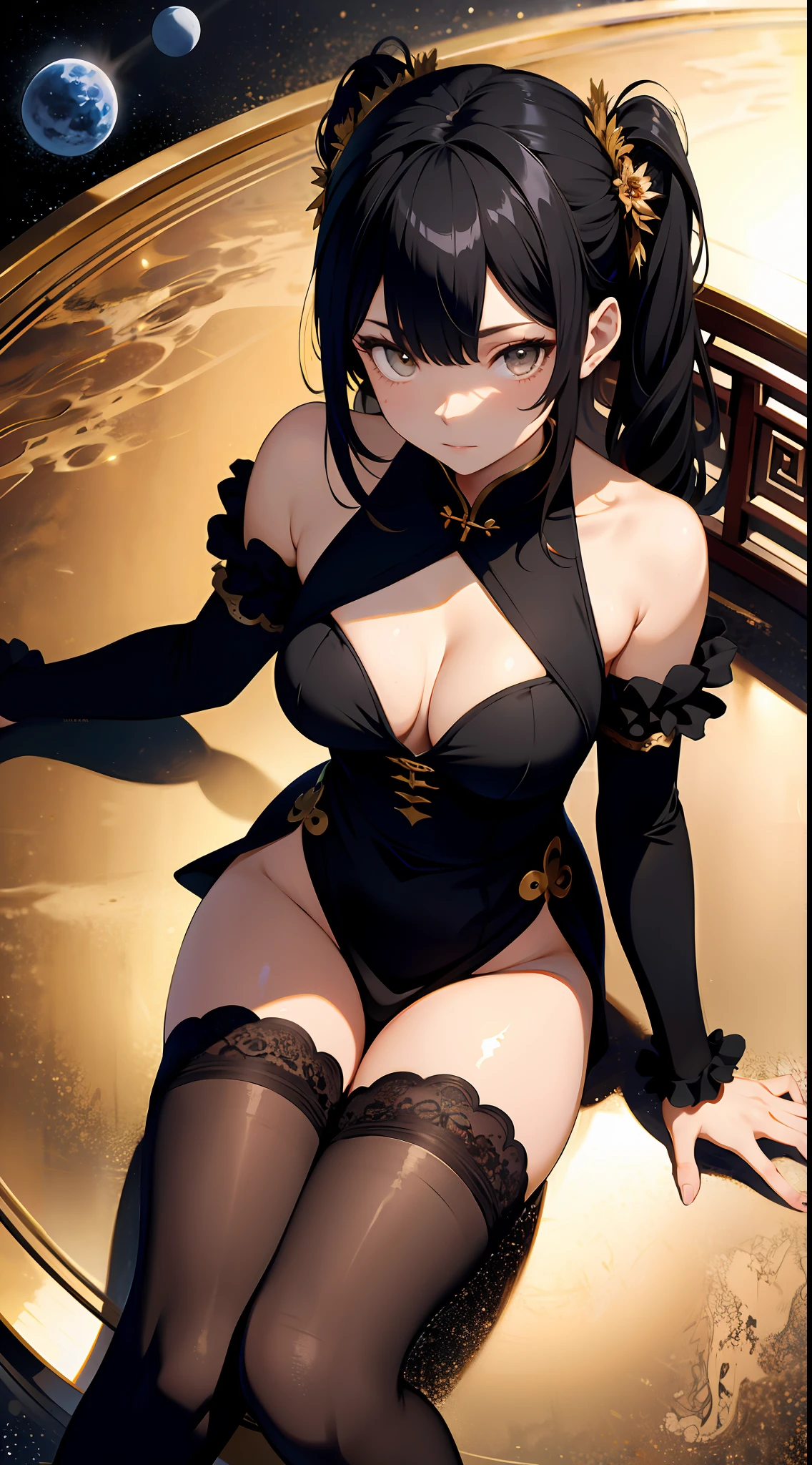 absurd res, high res, (masterpiece:1.4), ultra-detailed, 1girl, from above, space, floating, Chinese dress, black dress, stockings, black hair, golden eyes