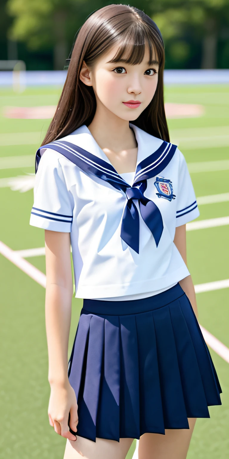 neat college girl, petite, sailor suit, school uniform, outside the athletic field, (slim, small, flat), photorealistic, detail, skin texture, ultra detail, delicate and sexy collarbone, ultra detailed face, detailed lips, detailed eyes, double eyelids