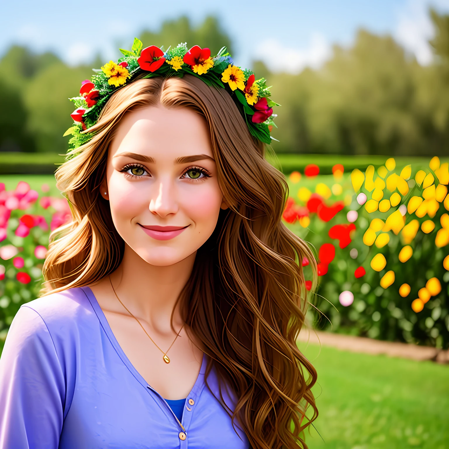 (Pixar style: 1.25) A waist-high portrait of a 28-year-old woman with long, wavy light brown hair that falls over her shoulders. She has expressive green eyes and a charming smile. Sophia has an average height and an elegant bearing, with a wreath on her head and a camera in her hand, with the background of the photo in a flower garden, natural skin texture, 4k textures, hdr, intricate, highly detailed, sharp focus, cinematic appearance, hyper-detailed