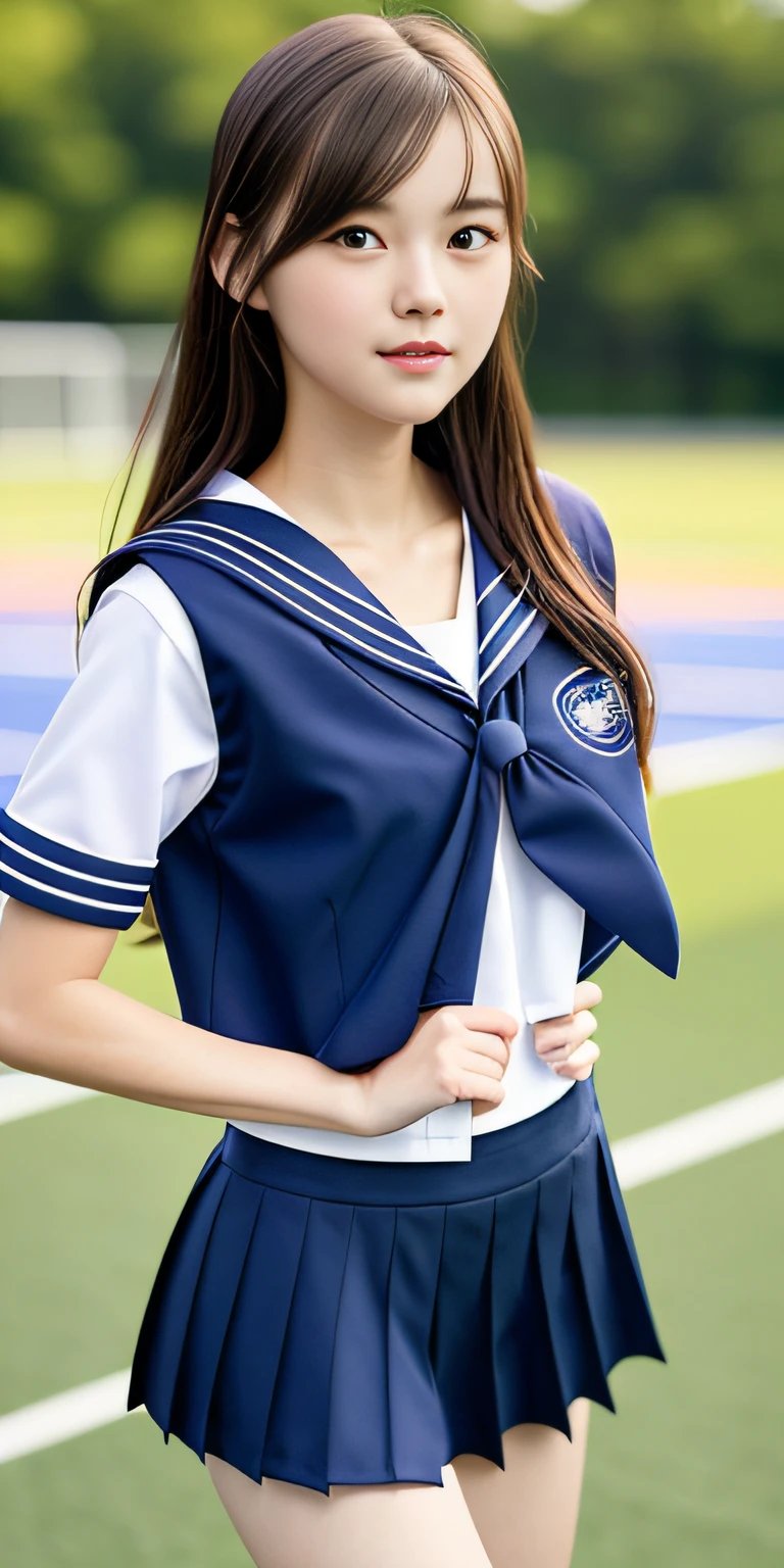 neat college girl, petite, sailor suit, school uniform, outside the athletic field, (slim, small, flat), photorealistic, detail, skin texture, ultra detail, delicate and sexy collarbone, ultra detailed face, detailed lips, detailed eyes, double eyelids