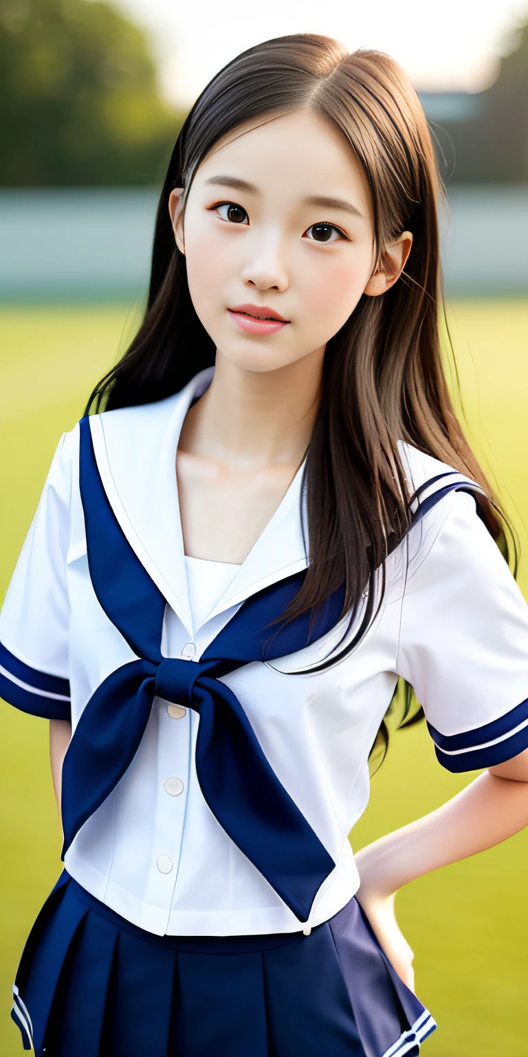 neat college girl, petite, sailor suit, school uniform, outside the athletic field, (slim, small, flat), photorealistic, detail, skin texture, ultra detail, delicate and sexy collarbone, ultra detailed face, detailed lips, detailed eyes, double eyelids