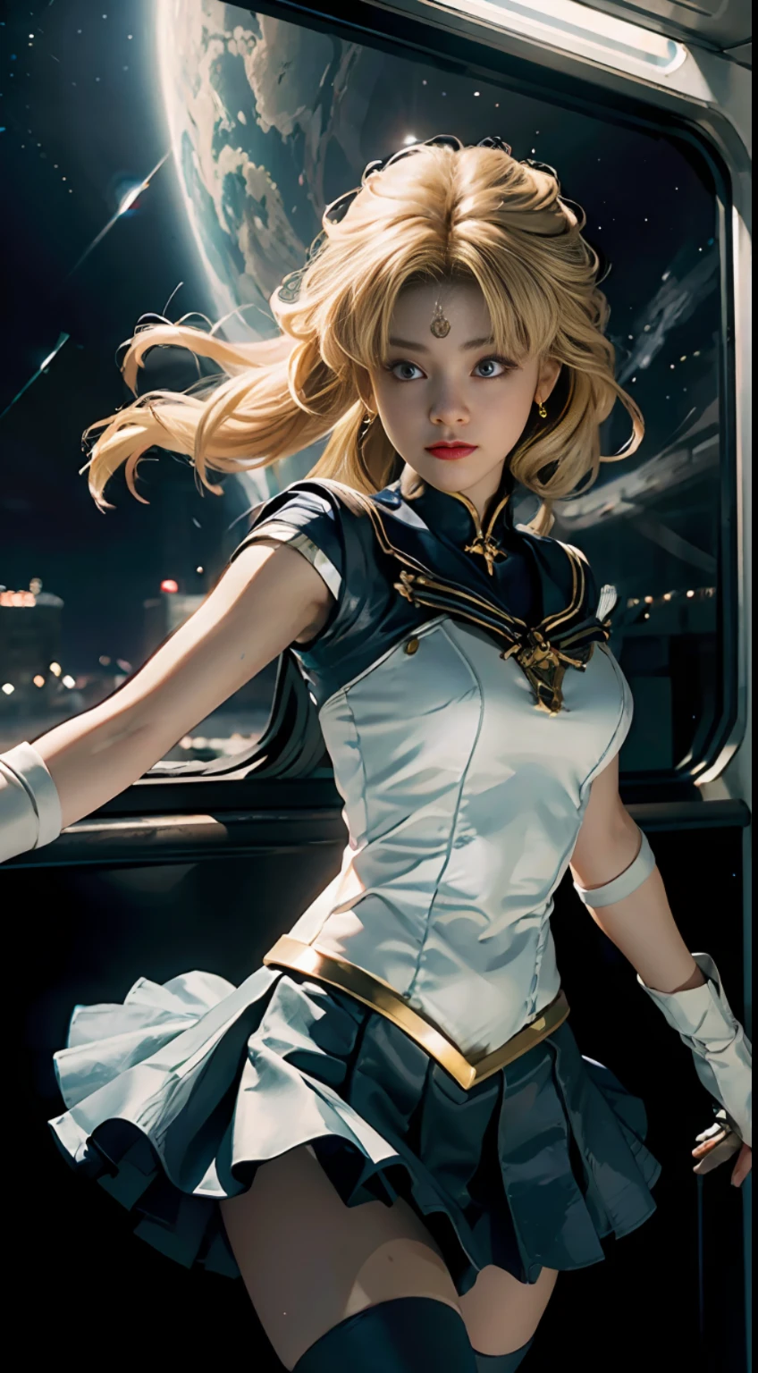 (CG Unity 8K wallpaper with extreme detail, masterpiece, highest quality), (exquisite lighting and shadow, highly dramatic picture, cinematic lens effect), (Sailor Moon: 1.1), double tails, blue eyes, blonde hair, tight top, white gloves, mini skirt, dynamic pose), space station in the background (excellent detail, excellent lighting, wide angle), (excellent rendering, enough to stand out in its class),
