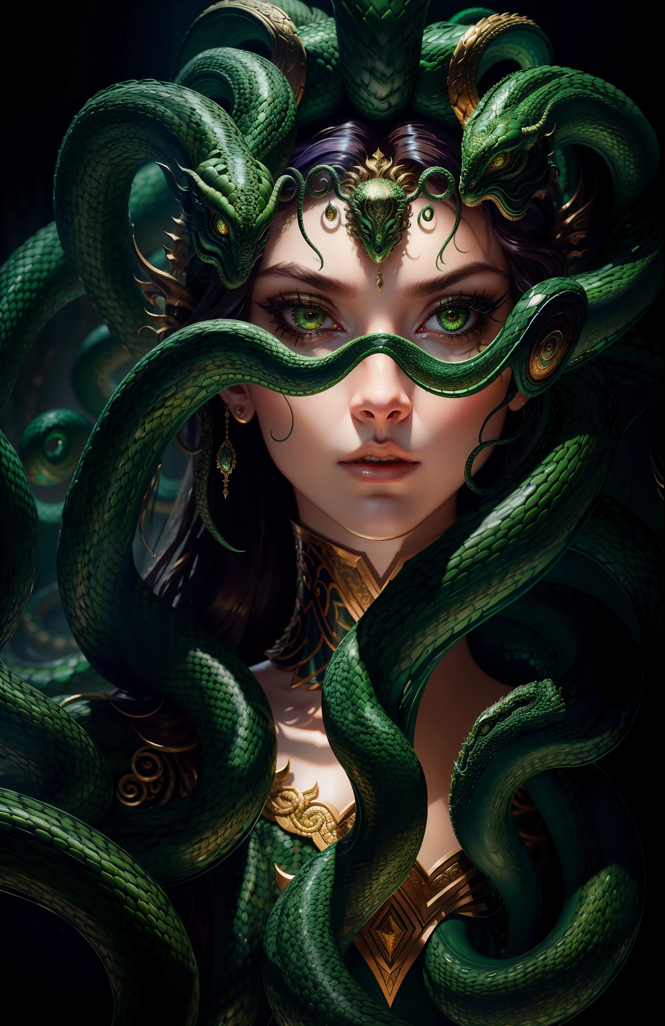 ((best quality)), ((masterpiece)), ((realistic)), Medusa, full body, the hair is composed of countless small snakes, green eyes, female face, metal carved top, royal aura, trend on artstation , sharp focus, studio photo, intricate detail, very detailed, detailed eye, illustration, very detailed, sharp focus, digital render, professional, 4k