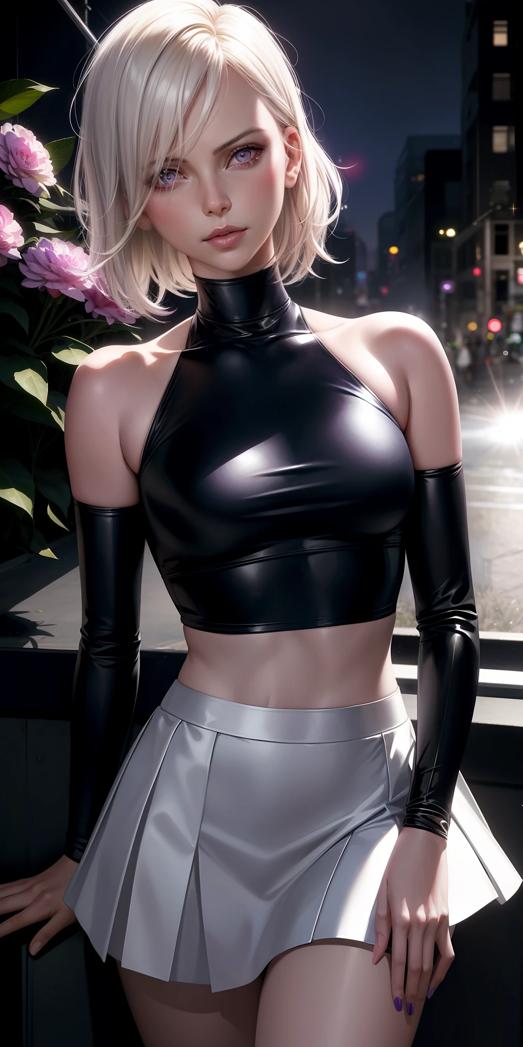 Charlize theron realistic, 1girl, white hair, purple eyes, bright eyes, cropped top, skirt, lips parted, blush, night, flowers, sun, sunlight,