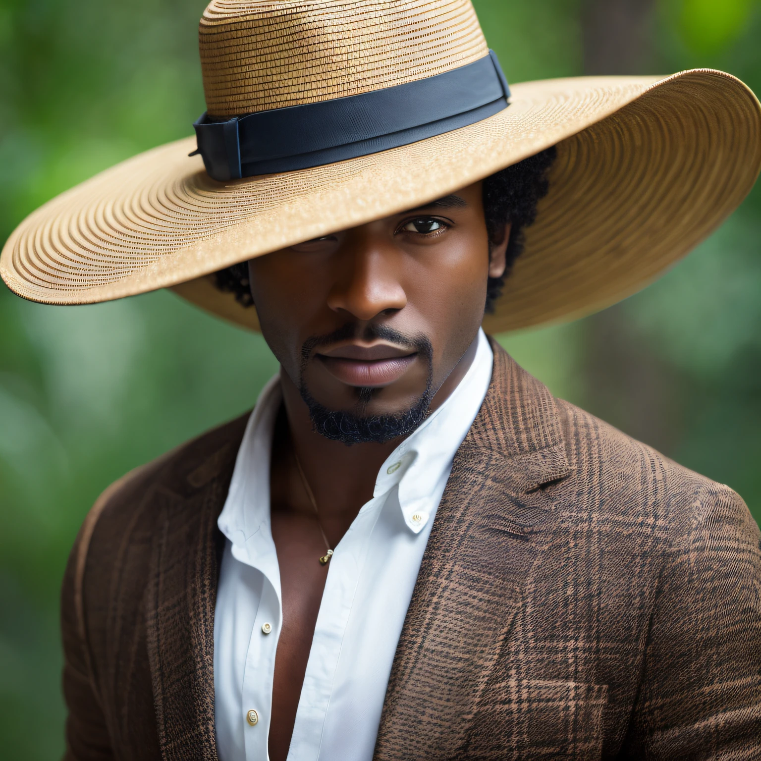 Black skin man, jacket, full body, trickster, white closed clothes, Panama hat, short hair. Background: amazonian forest, seventeenth century, extreme realistic, light particles, maximum focus, realistic body, realistic face, professional lighting, octane render, beautiful features, detailed antique clothes, unlimited light, magnificent, detailed skin texture, extreme details, cinematic lighting, (masterpiece), (ultra detailed), (ultra-HD), focus --auto --s2