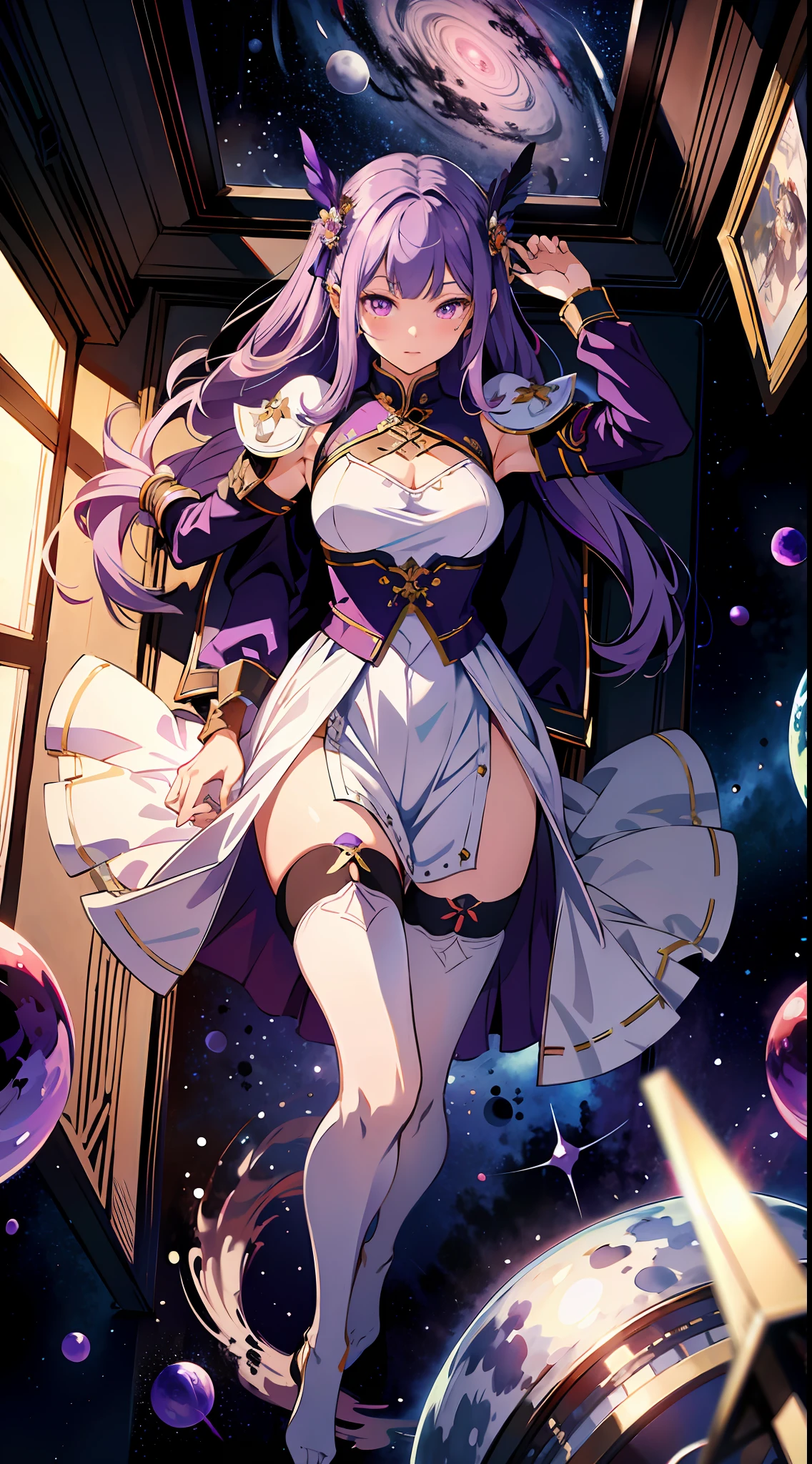 absurd res, high res, (masterpiece:1.4), ultra-detailed, 1girl, from above, space, floating, Chinese dress, white dress, stockings, purple hair, purple eyes