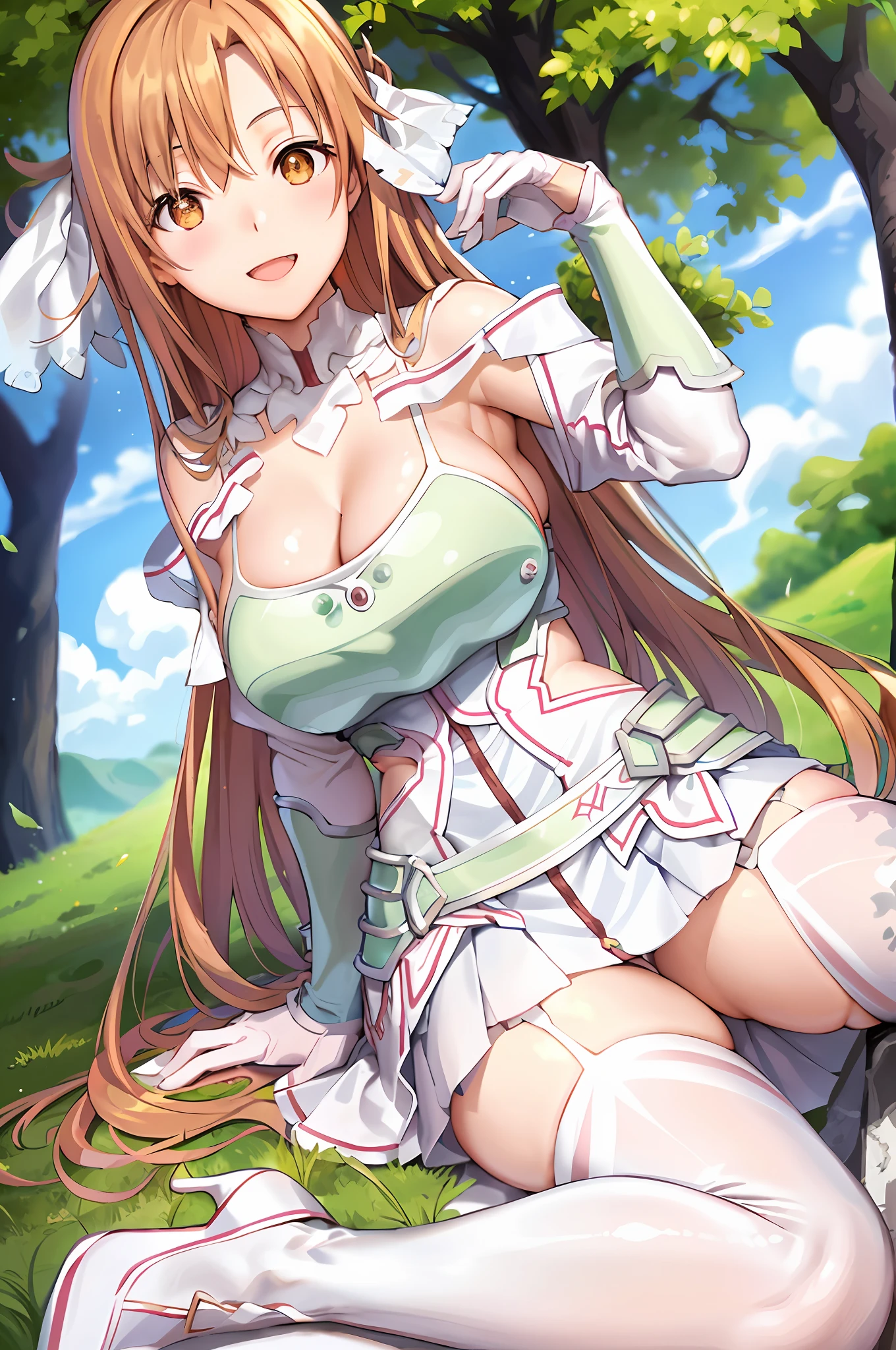 stacia, asuna, asuna_\(sao\), 1girl, (sexy pose:1.2), fantasy, highres,  original, realistic, (excite), scenery,  close_up, upper_body, (sit on a grass), smiling, solo, (potruding nipple:1.2), long hair, (huge breasts:1.0), looking at viewer, smile, open mouth, bangs ,detailed eyes, beautiful background, (on the forrest), hands on the chest, orange hair, (spread legs:1.3), thighhighs, gloves, dress, (cleavage:1.4), (squeezing tits:1.6), bare shoulders, brown eyes, very long hair, (full body:1.5), white gloves,  white dress, (open Breasts:1.5), armor, white thighhighs, garter straps, breeze, white armor,  abec