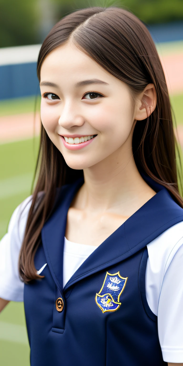 neat college girl, petite, sailor suit, school uniform, outside the athletic field, (slim, small, flat, small), photorealistic, detail, skin texture, ultra detail, delicate and sexy collarbone, smile, super detailed face, detailed lips, detailed eyes, double eyelids