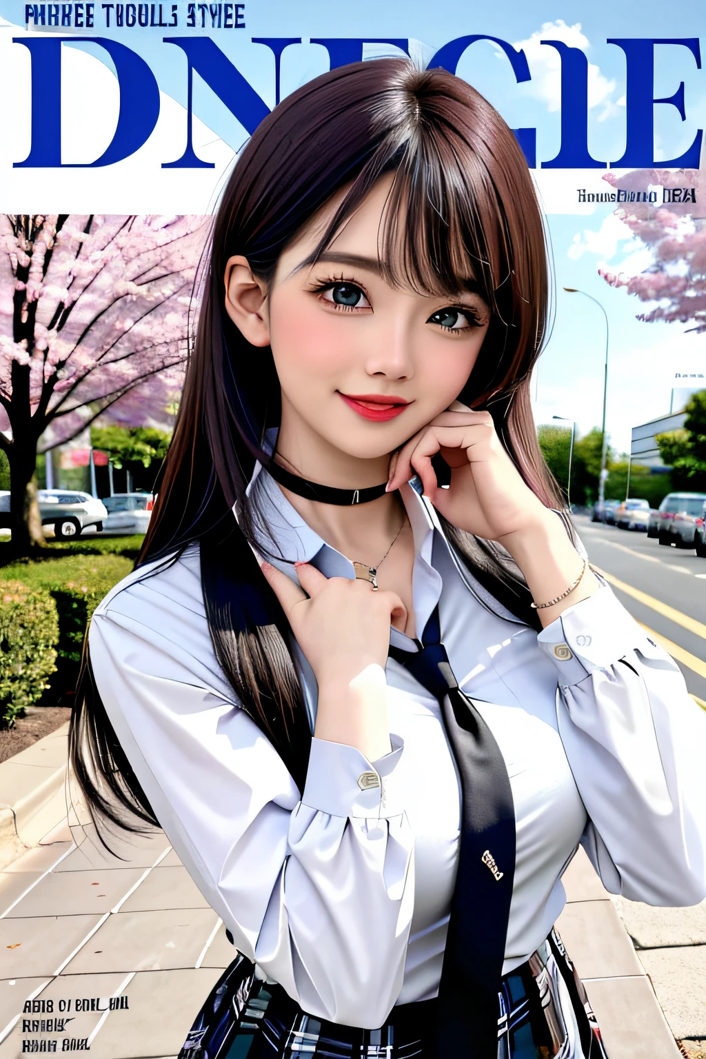 masterpiece, best quality, full body, 1girl, bangs, black choker, black necktie, black hair, blue skirt, blush, bracelet, breasts, choker, clothes around waist, collarbone, collared shirt, cowboy shot, dress shirt, ear piercing, eyebrows visible through hair, gradient hair, grin, gyaru, jewelry, kogal, long hair, looking at viewer, loose necktie, necktie, piercing, plaid, plaid skirt, pleated skirt, red eyes, ring, school uniform, shirt, skirt, smile, solo, white shirt, street, sky, cherry blossoms, petals,illustration, (magazine:1.3), (cover-style:1.3), fashionable, woman, vibrant, outfit, posing, front, colorful, dynamic, background, elements, confident, expression, holding, statement, accessory, majestic, coiled, around, touch, scene, text, cover, bold, attention-grabbing, title, stylish, font, catchy, headline, larger, striking, modern, trendy, focus, fashion,