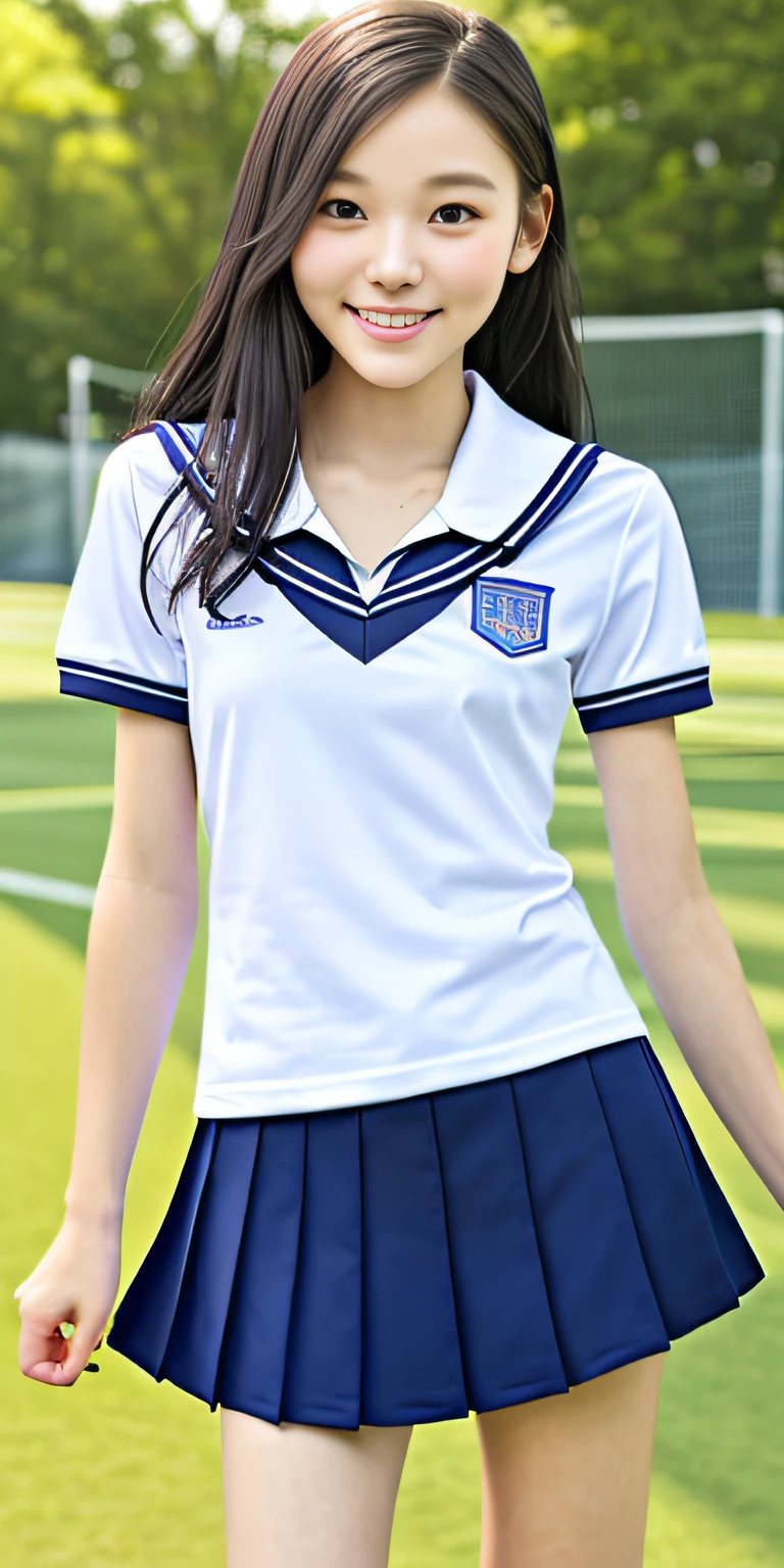 neat college girl, petite person, (school uniform, summer clothes, short sleeves), outside the athletic field, (slim, small, flat, small), photorealistic, detail, skin texture, ultra detail, delicate and sexy collarbone, smile, super detailed face, detailed lips, detailed eyes, double eyelids