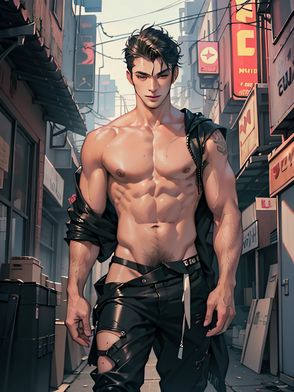 Ultra-high-definition picture quality. Ultra high resolution, bright light ((extremely detailed CG unity8k wallpaper)|game_cg|masterpiece|best quality|illustration| {High resolution}|fine painting|aesthetic painting|high detail, beautiful detailed eyes, detailed face, detailed skin, Cyberpunk, a young and handsome model, boy, short hair, abs, belly hair, thong, standing on the rooftop, The covered by the thong looms,