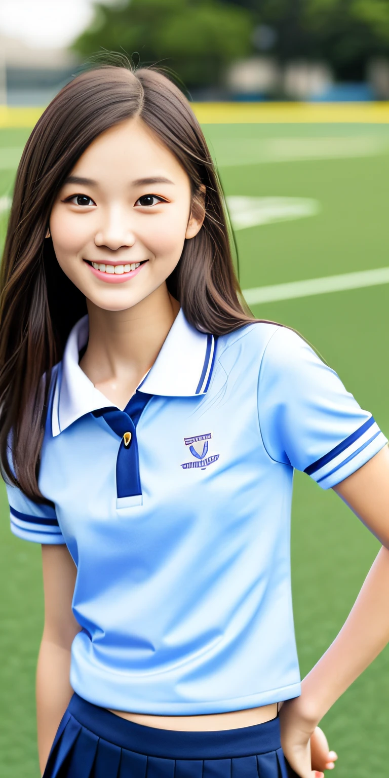 neat college girl, petite person, (school uniform, summer clothes, short sleeves), outside the athletic field, (slim, small, flat, small), photorealistic, detail, skin texture, ultra detail, delicate and sexy collarbone, smile, super detailed face, detailed lips, detailed eyes, double eyelids