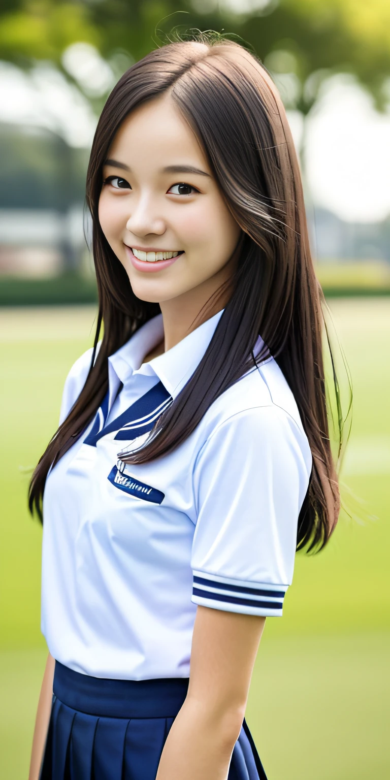 neat college girl, petite person, (school uniform, summer clothes, short sleeves), outside the athletic field, (slim, small, flat, small), photorealistic, detail, skin texture, ultra detail, delicate and sexy collarbone, smile, super detailed face, detailed lips, detailed eyes, double eyelids