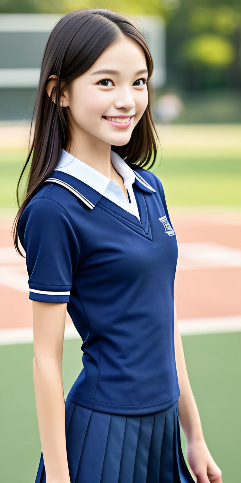 neat college girl, petite person, (school uniform, summer clothes, short sleeves), outside the athletic field, (slim, small, flat, small), photorealistic, detail, skin texture, ultra detail, delicate and sexy collarbone, smile, super detailed face, detailed lips, detailed eyes, double eyelids