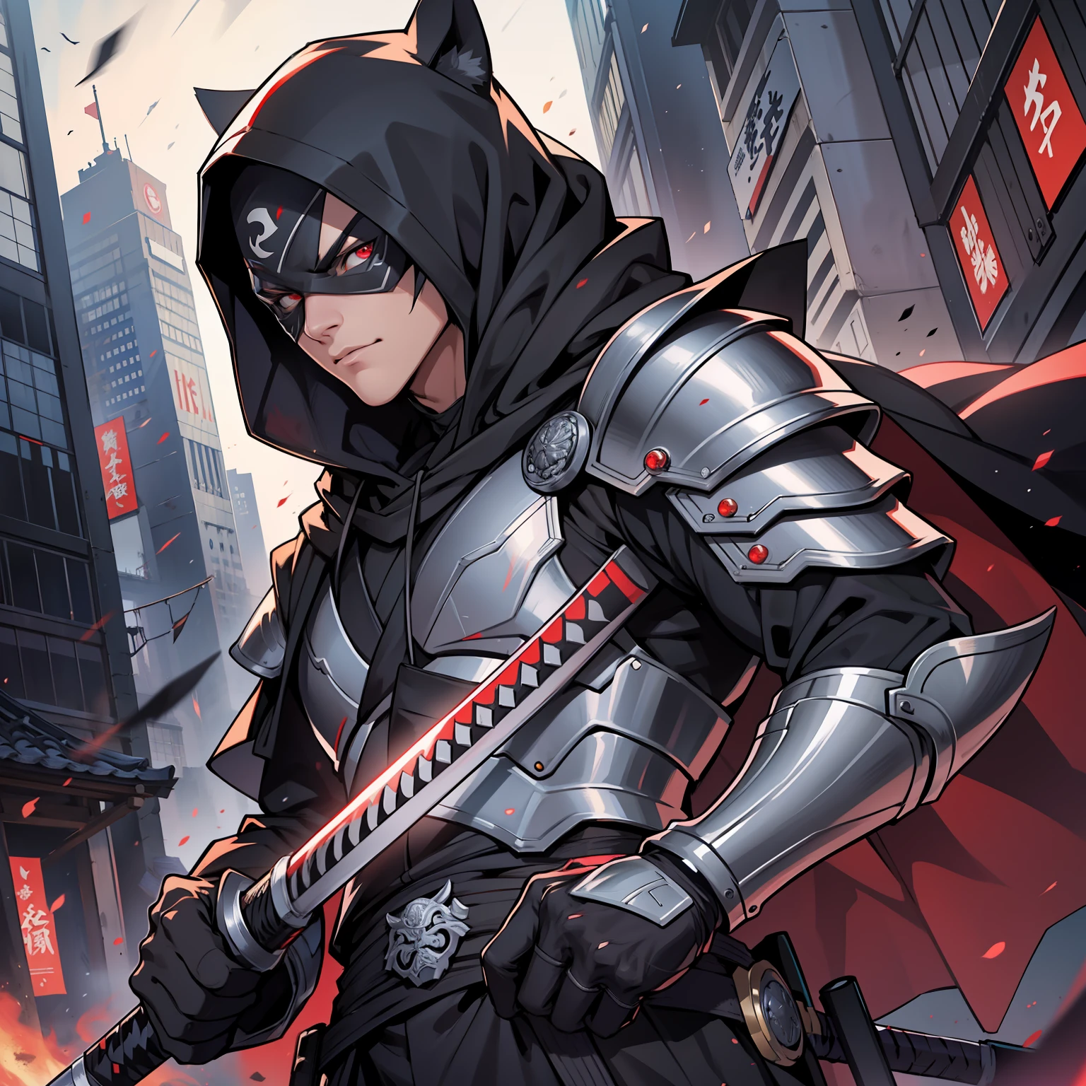 The highest quality, perfect masterpiece, perfect art, 8K, 1male, super hero, Japanese, long black cape, black hood, night, katana on the back, serious, cold, mask in the eyes, red eyes, pistols at the waist, on top of a building, vigilant, trained physique, ninja style, black clothing all over the body, agile, light armor, HQ --auto --s2