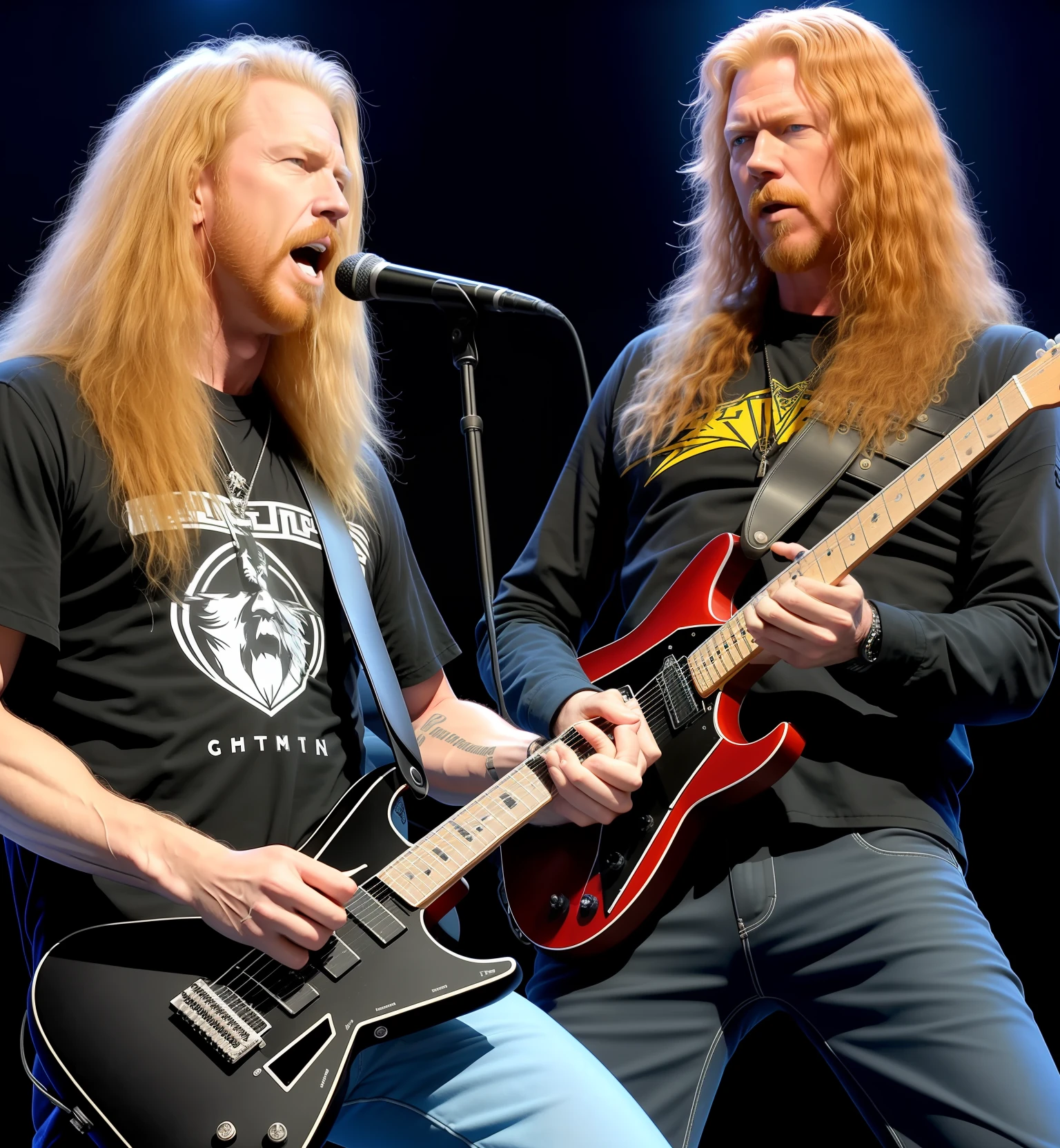 features James Hetfield and Dave Mustaine using a strato caster guitar