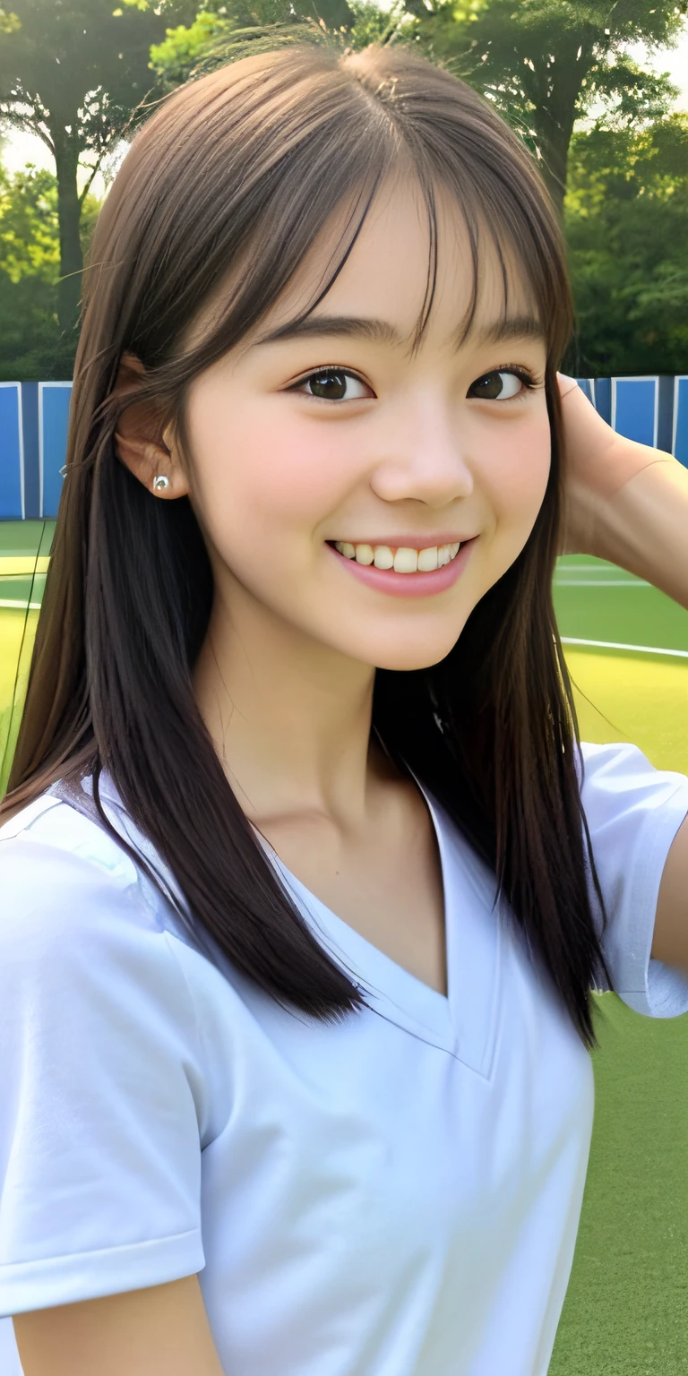 neat college girl, petite person, (school uniform, summer clothes, short sleeves), outside the athletic field, (slim, small, flat, small), photorealistic, detail, skin texture, ultra detail, delicate and sexy collarbone, smile, super detailed face, detailed lips, detailed eyes, double eyelids
